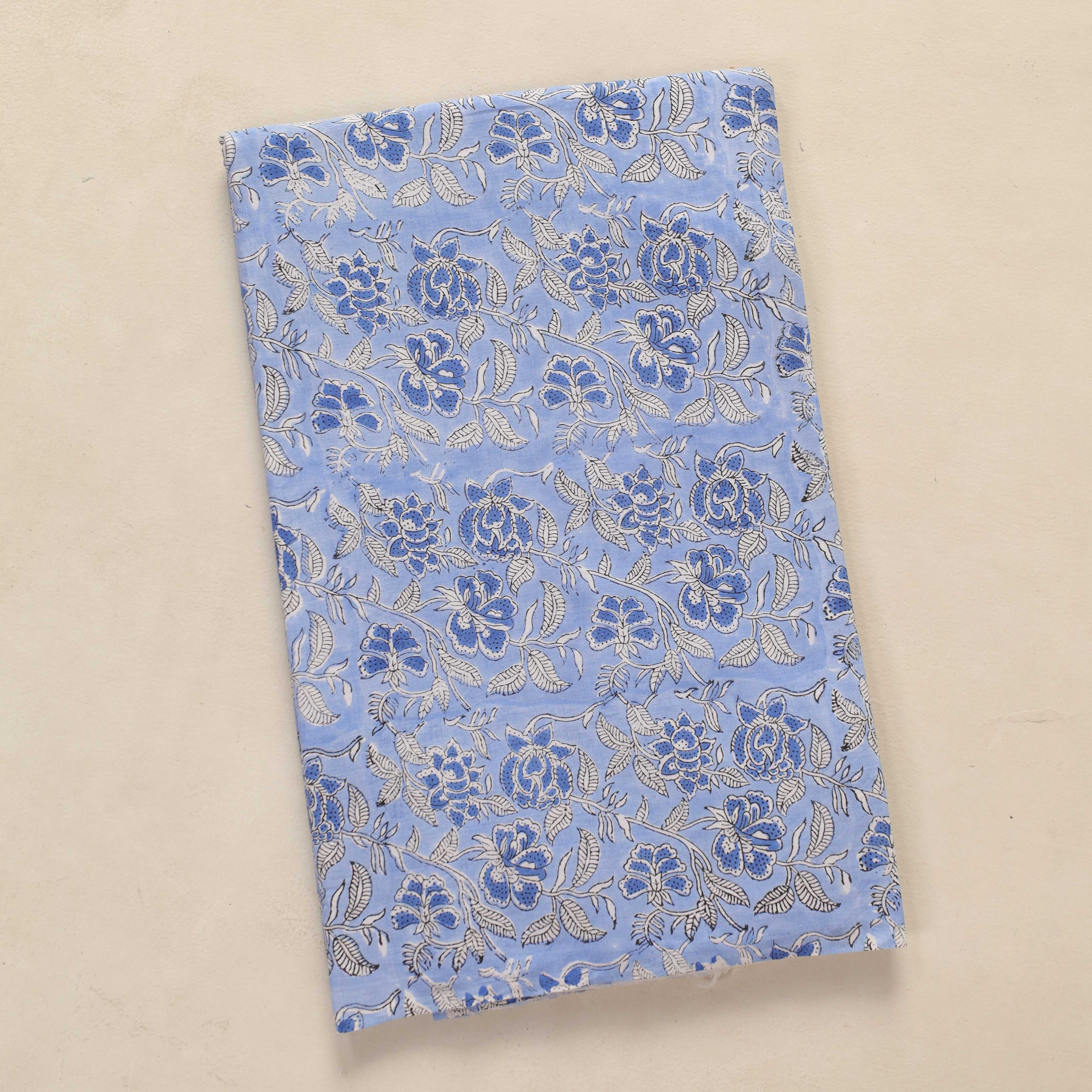 Hand Block Printed Cotton Fabric - Azure Bloom Vine