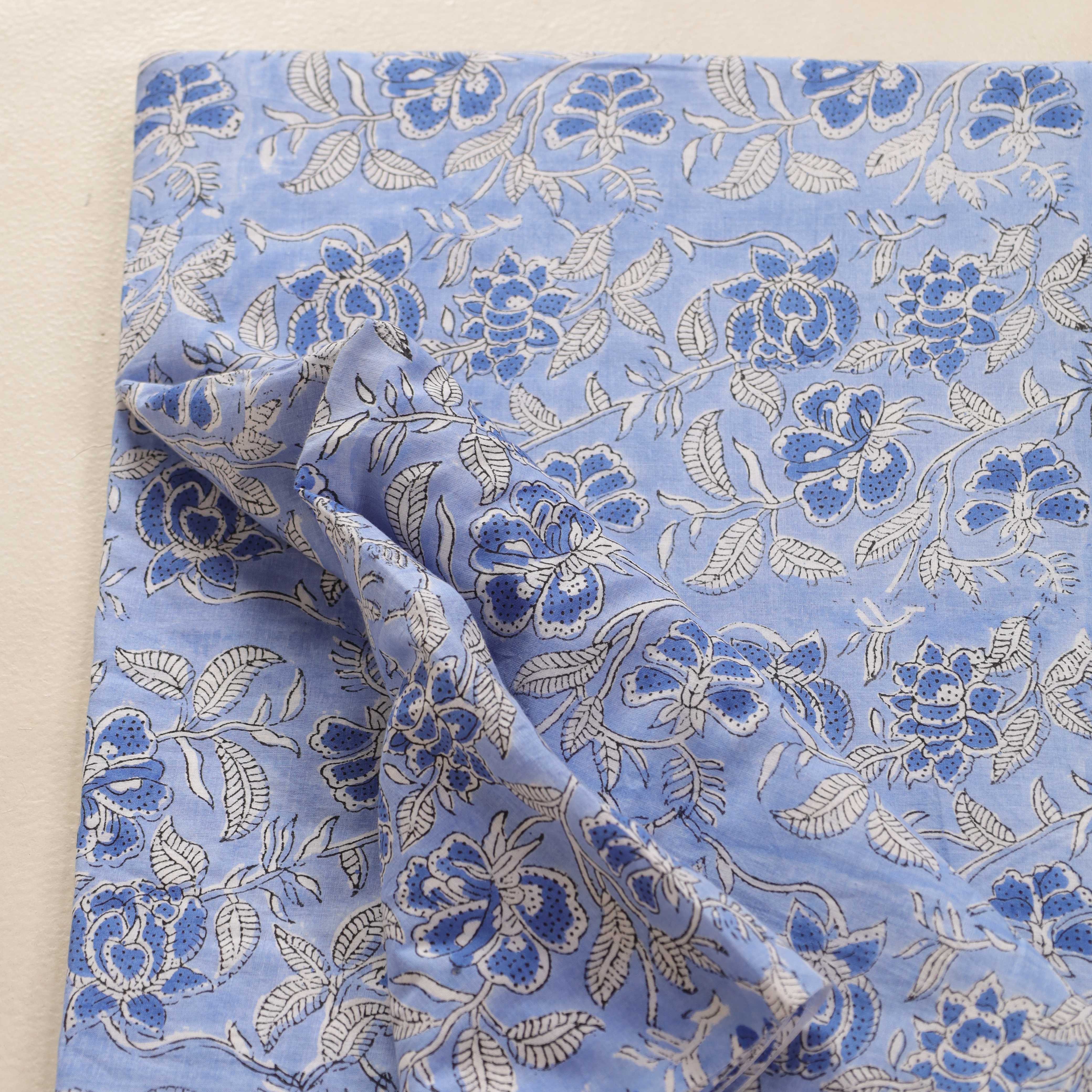 Hand Block Printed Cotton Fabric - Azure Bloom Vine