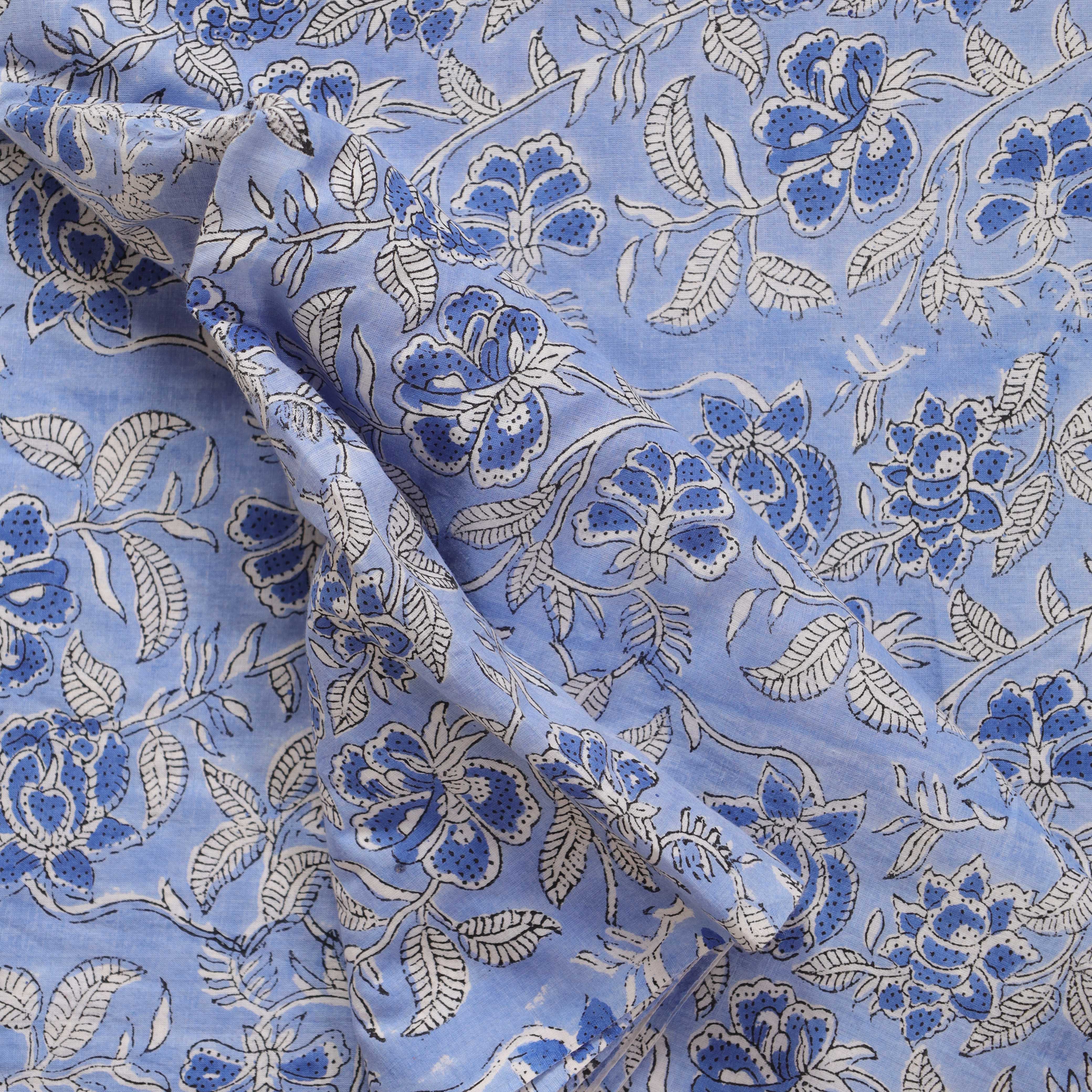 Hand Block Printed Cotton Fabric - Azure Bloom Vine
