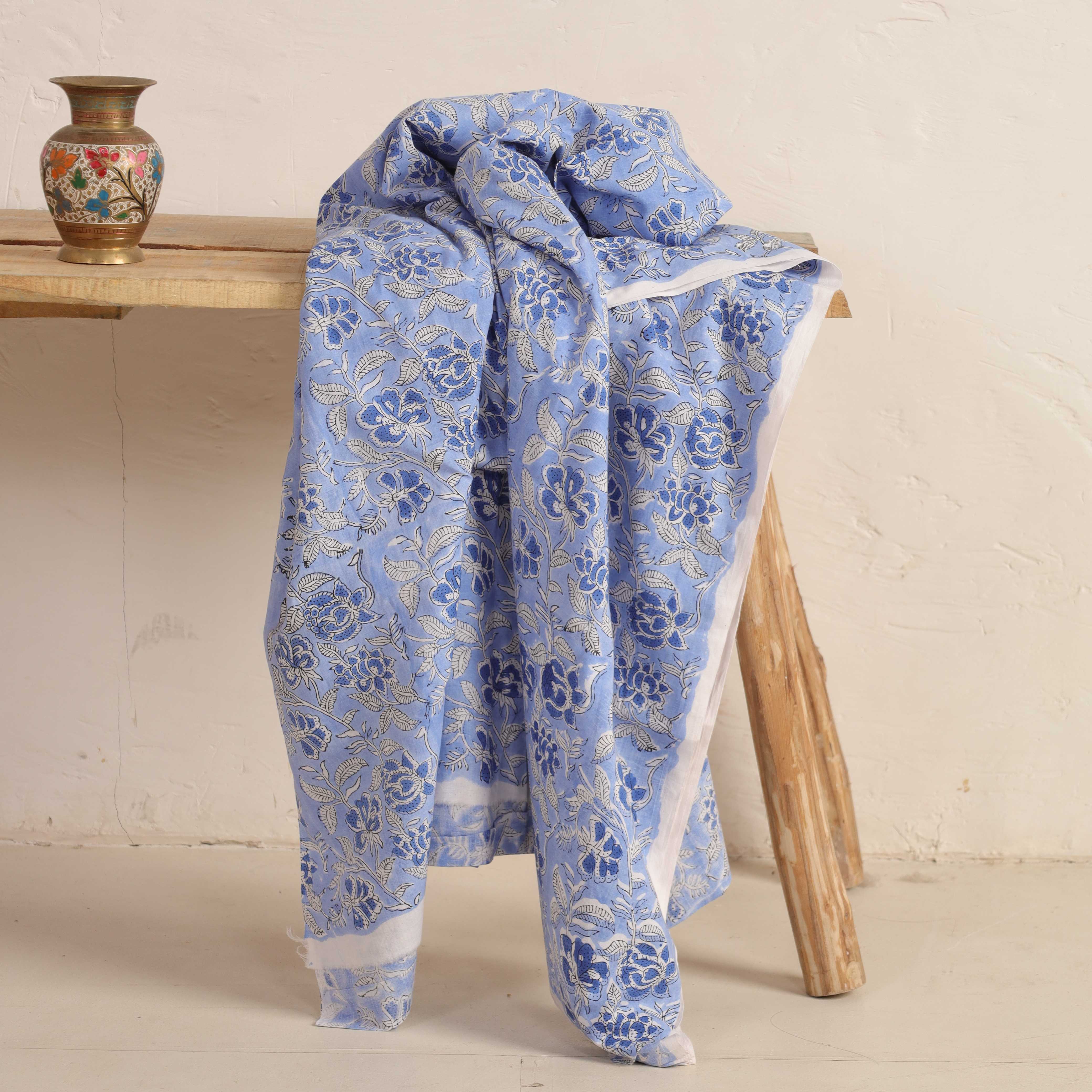 Hand Block Printed Cotton Fabric - Azure Bloom Vine
