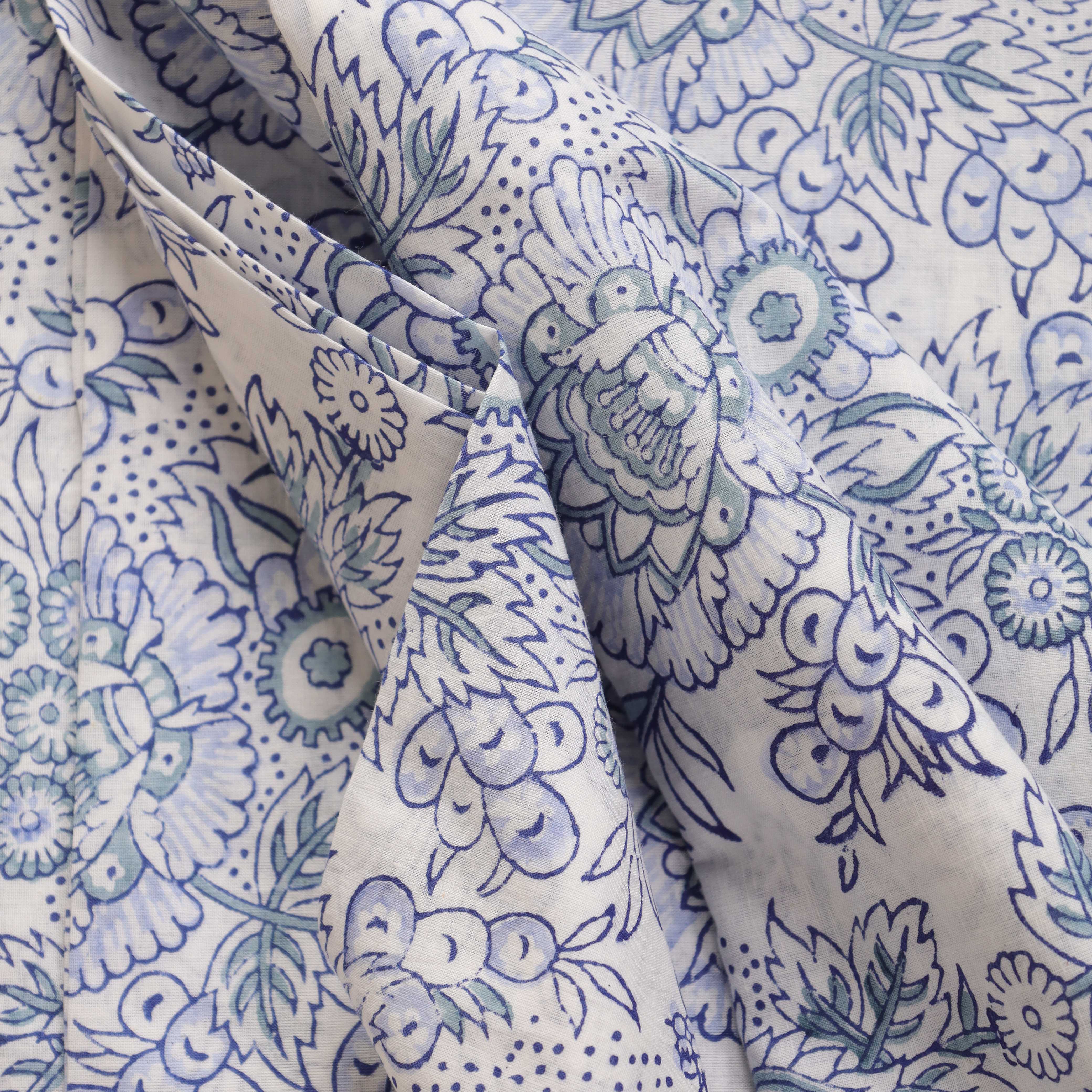 Artisan Hand Block Printed Cotton Fabric - Indigo & Madder Floral Motif