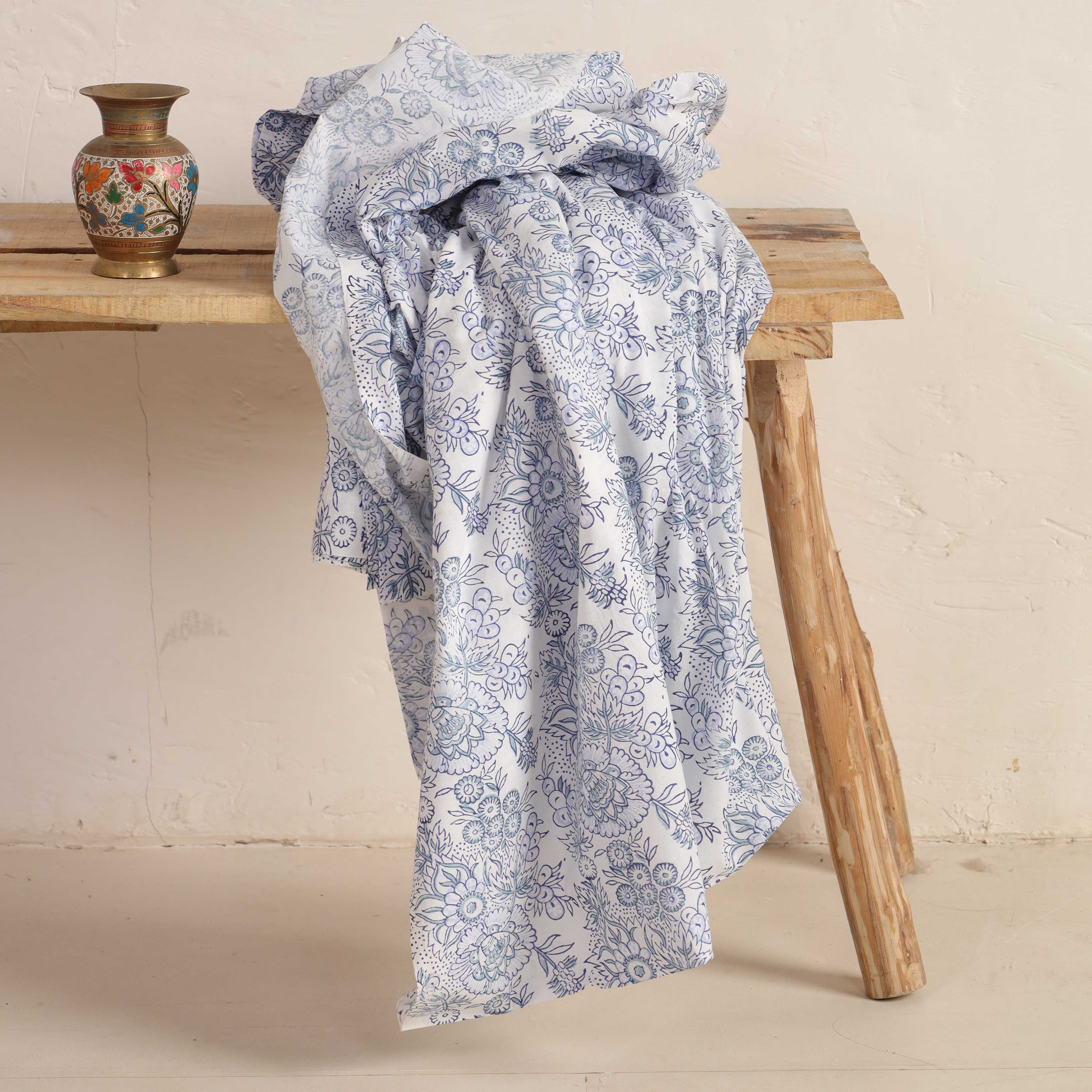 Artisan Hand Block Printed Cotton Fabric - Indigo & Madder Floral Motif