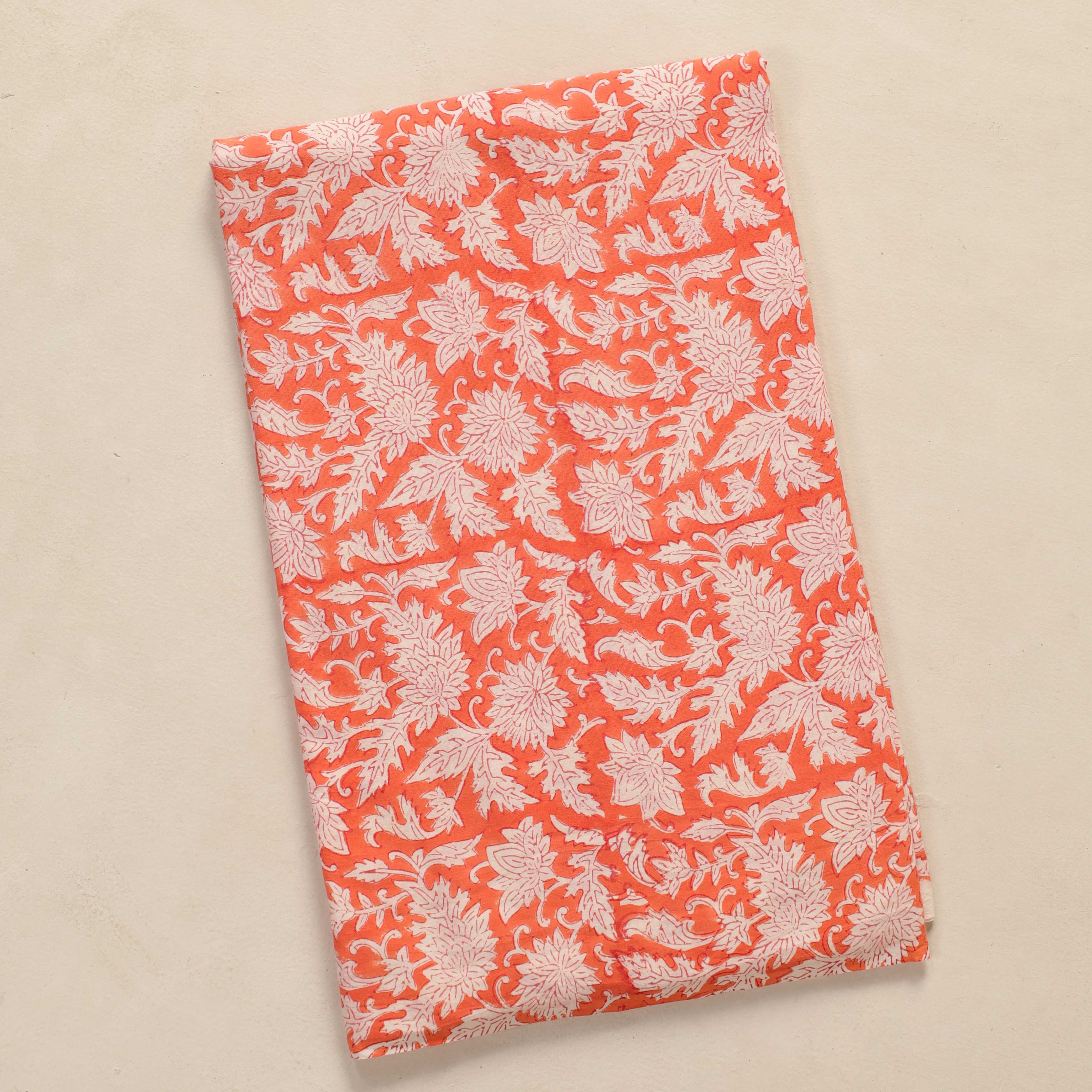Hand Block Printed Cotton Fabric - Terracotta Floral Vine