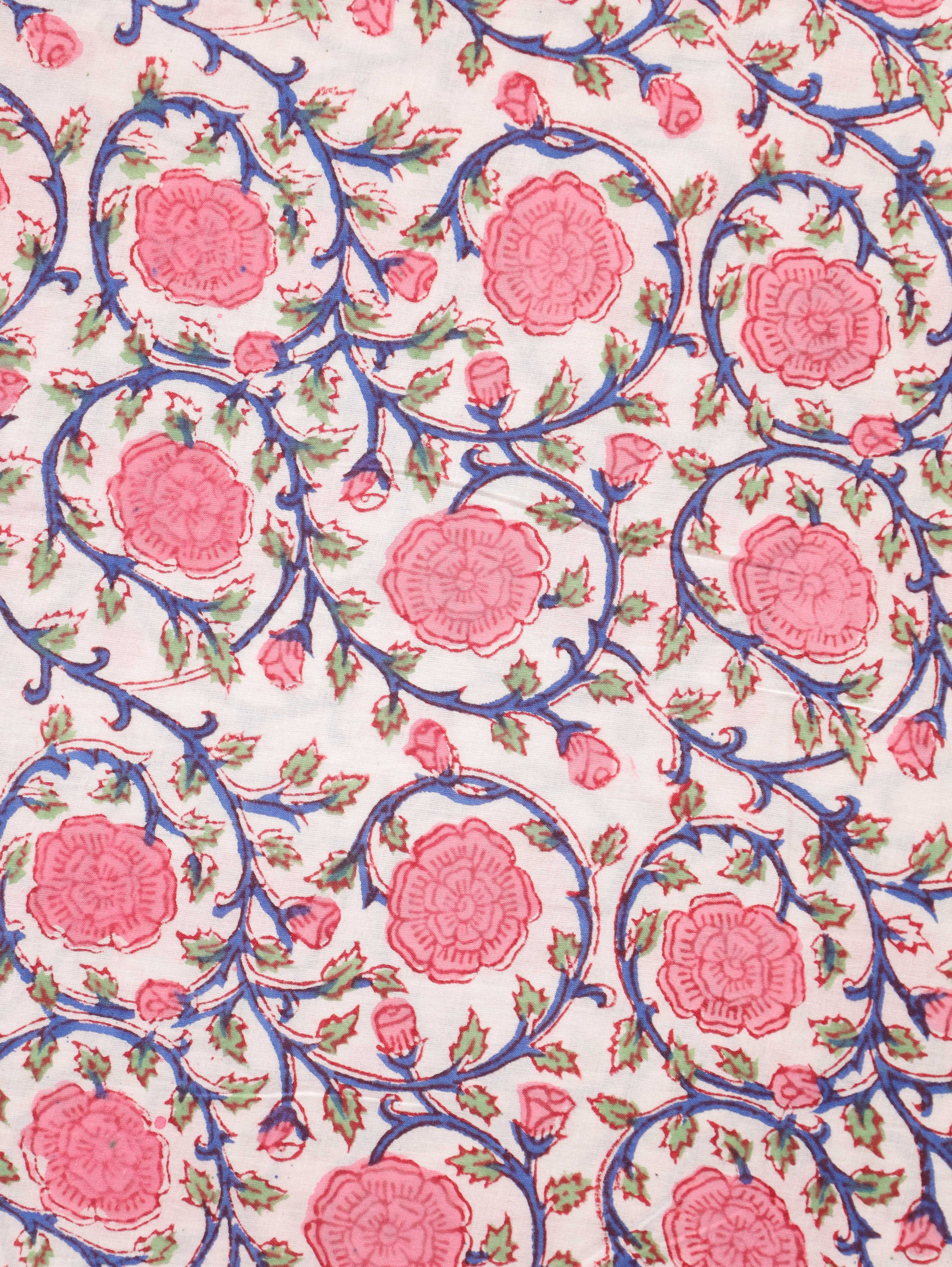 Artisan Hand Block Printed Cotton Fabric - Pink Rose & Indigo Vine
