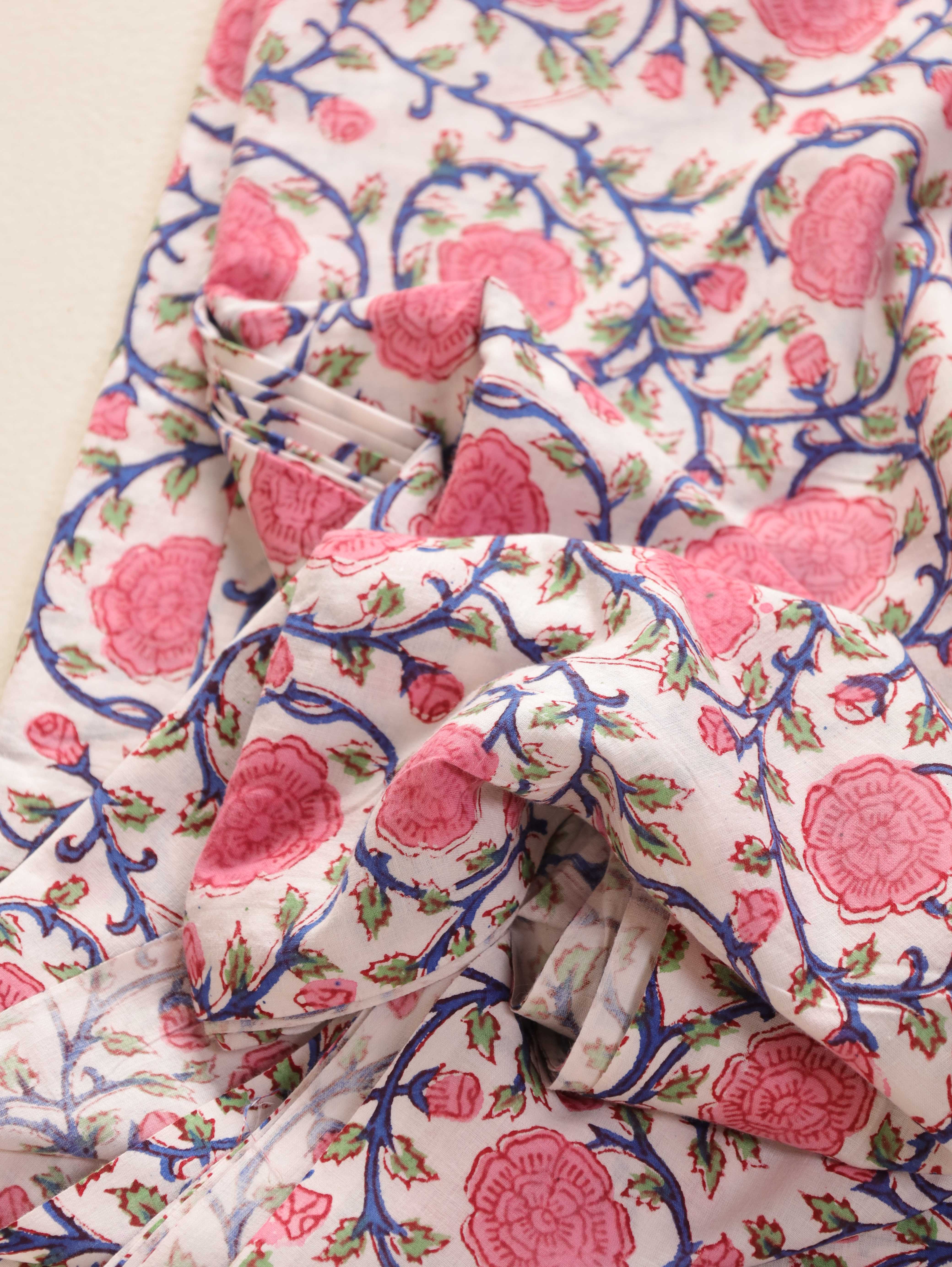 Artisan Hand Block Printed Cotton Fabric - Pink Rose & Indigo Vine