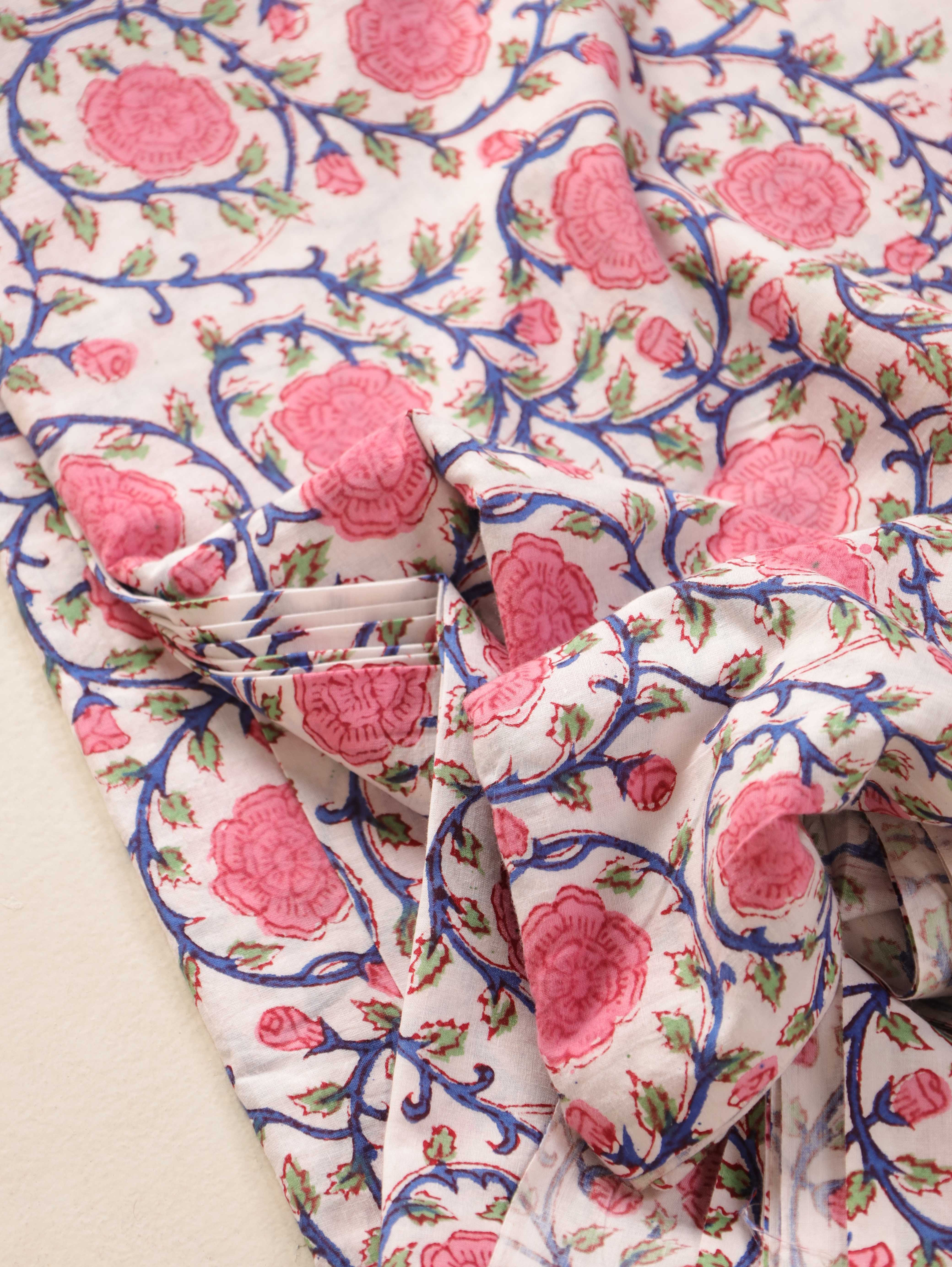 Artisan Hand Block Printed Cotton Fabric - Pink Rose & Indigo Vine