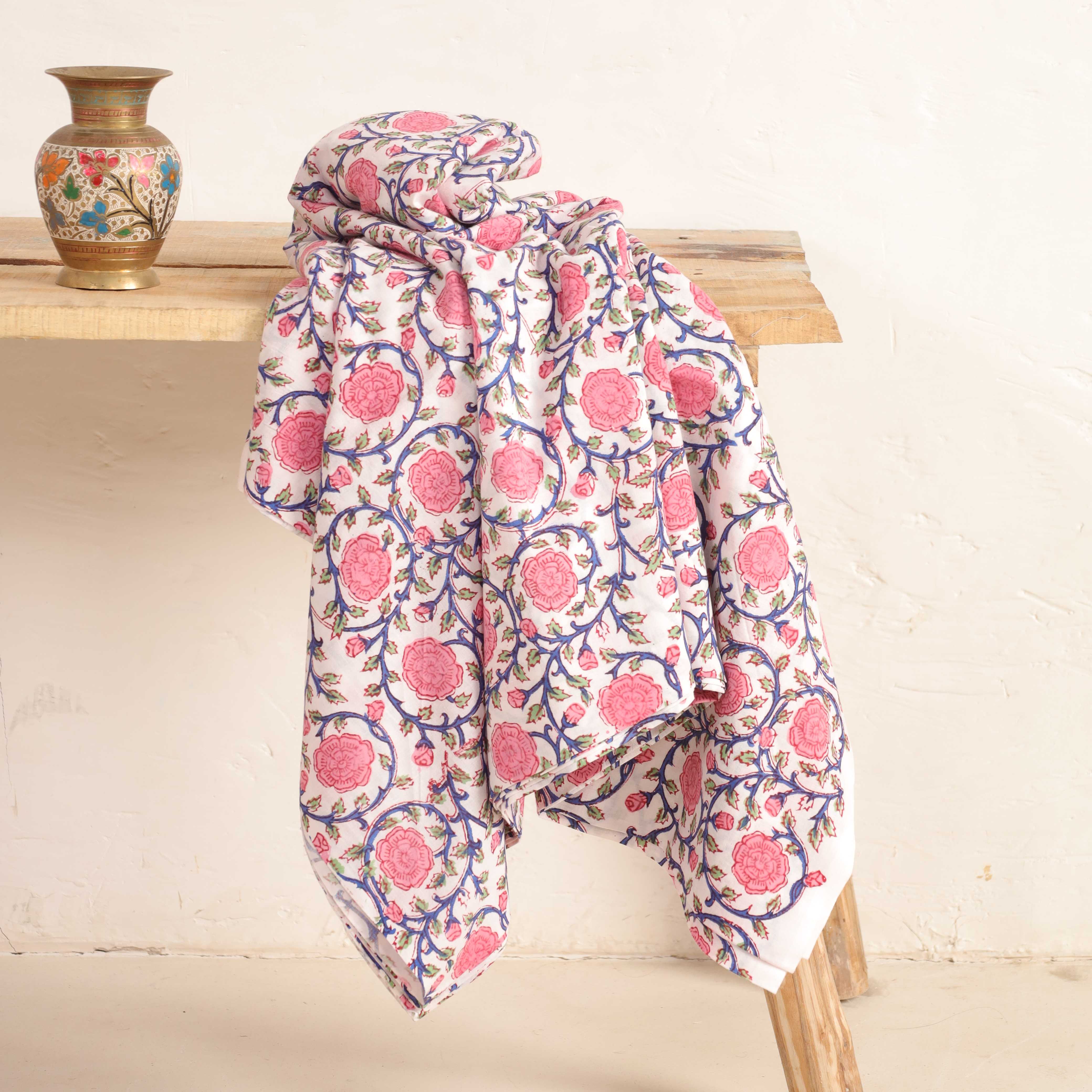Artisan Hand Block Printed Cotton Fabric - Pink Rose & Indigo Vine