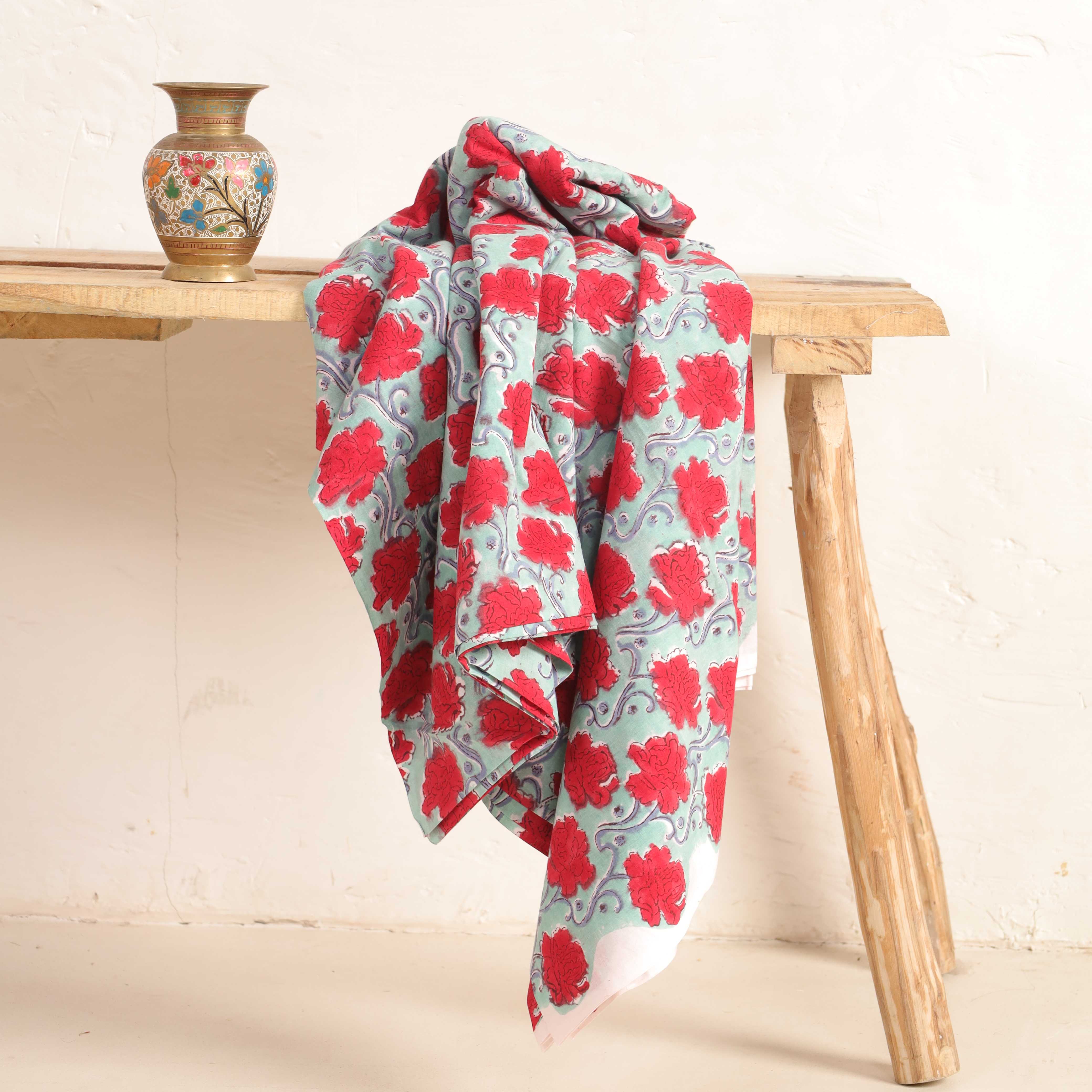 Crimson Peony Hand Block Printed Cotton Fabric - Artisan Floral Textile