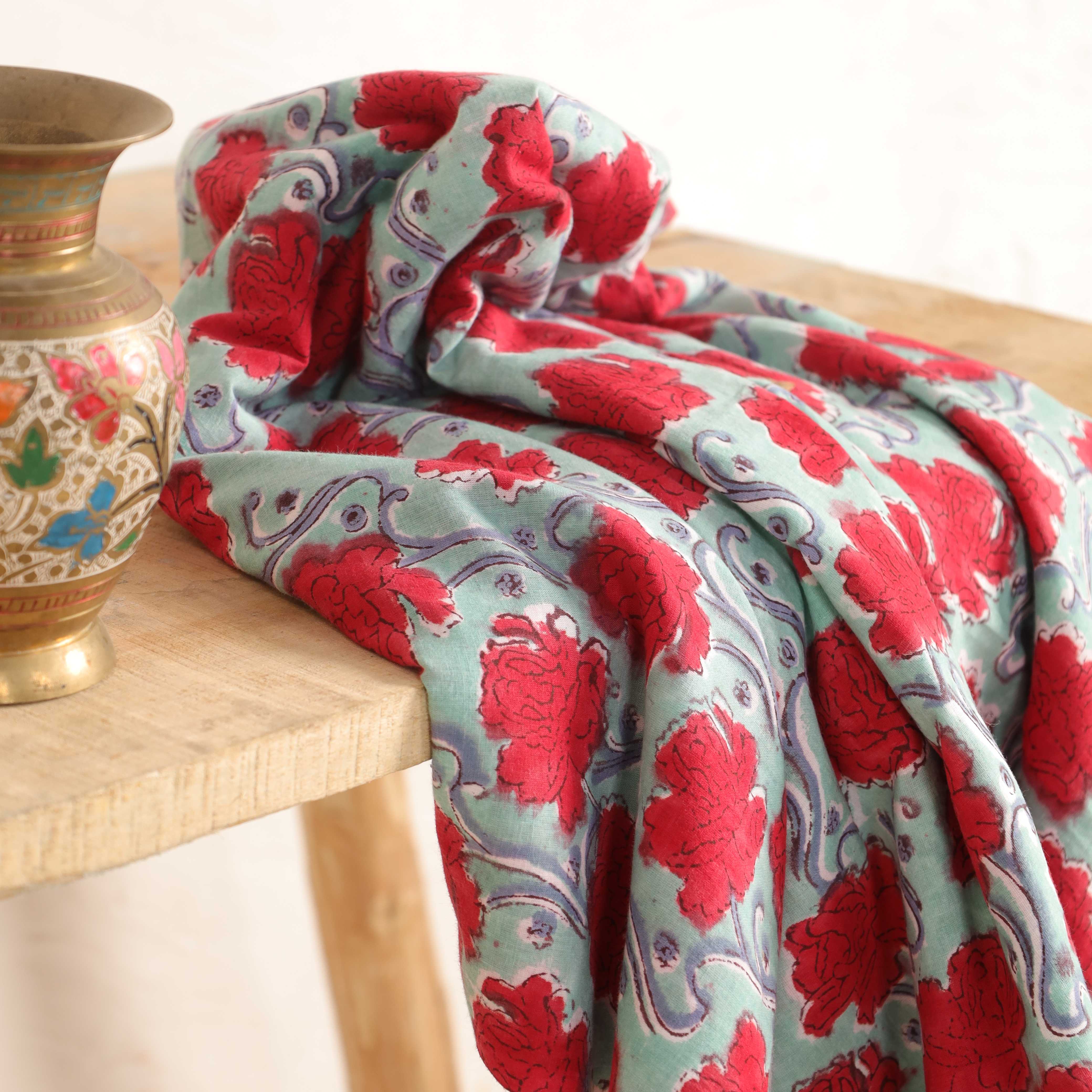 Crimson Peony Hand Block Printed Cotton Fabric - Artisan Floral Textile