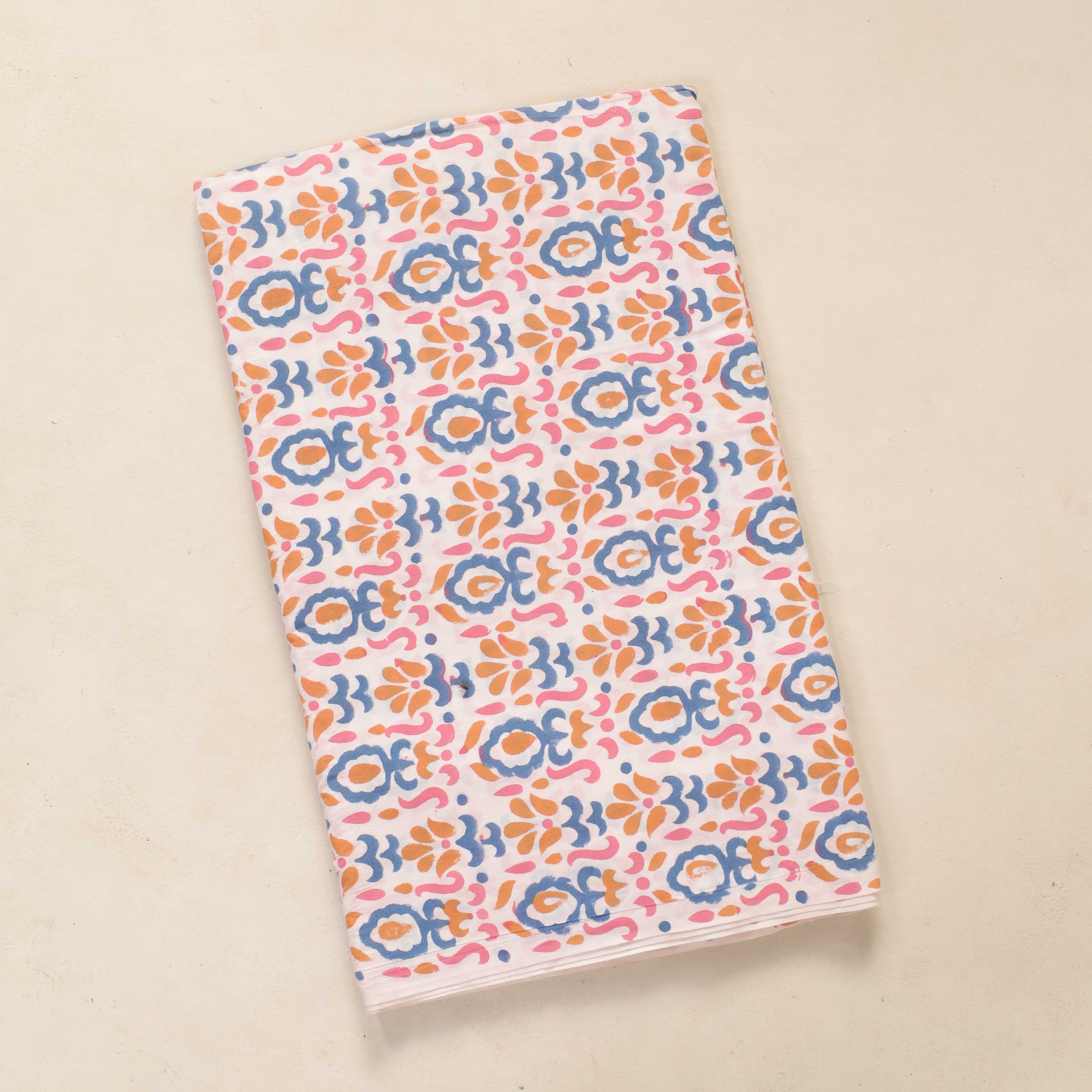 Traditional Buta Hand Block Printed Cotton Fabric - Indigo & Marigold