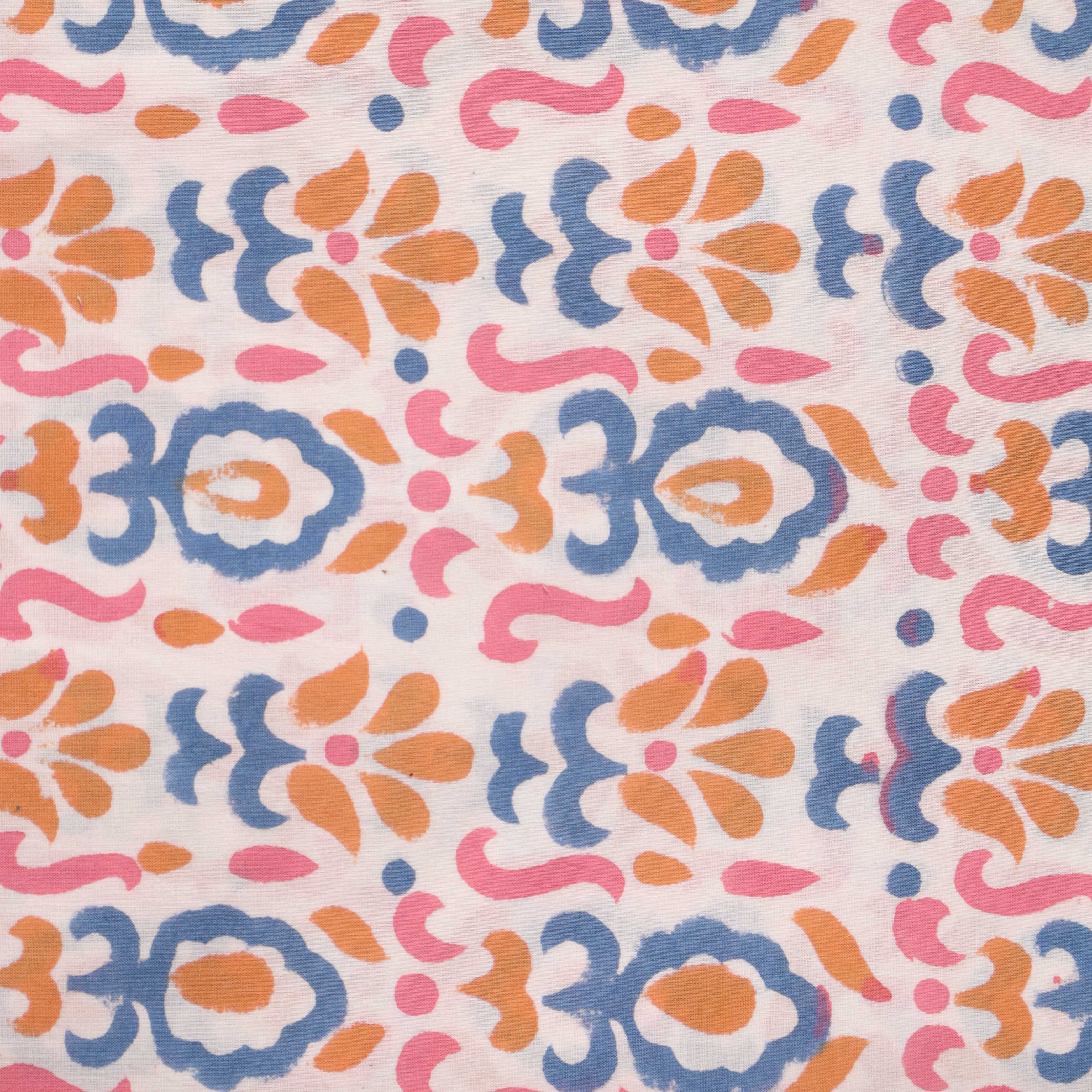 Traditional Buta Hand Block Printed Cotton Fabric - Indigo & Marigold