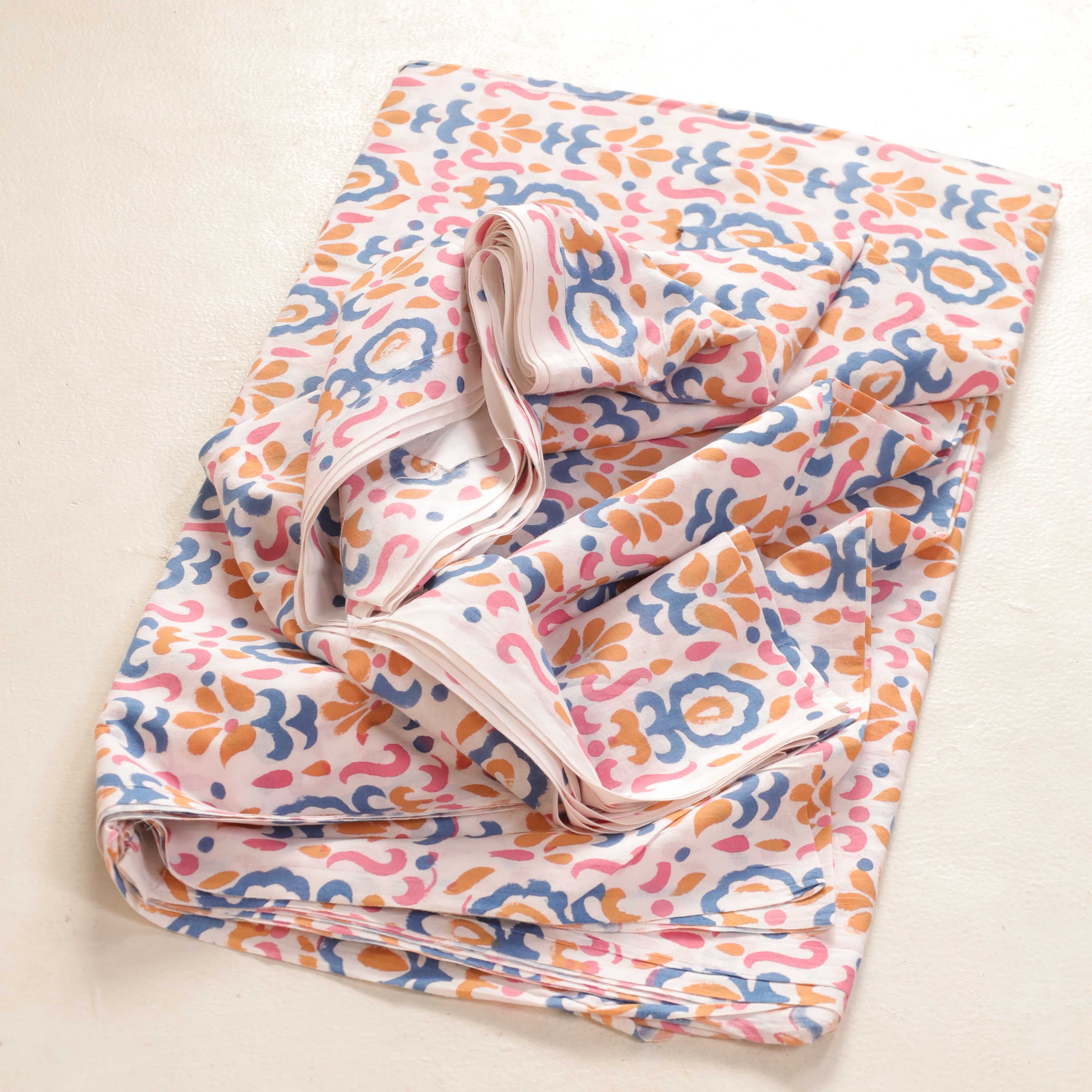 Traditional Buta Hand Block Printed Cotton Fabric - Indigo & Marigold