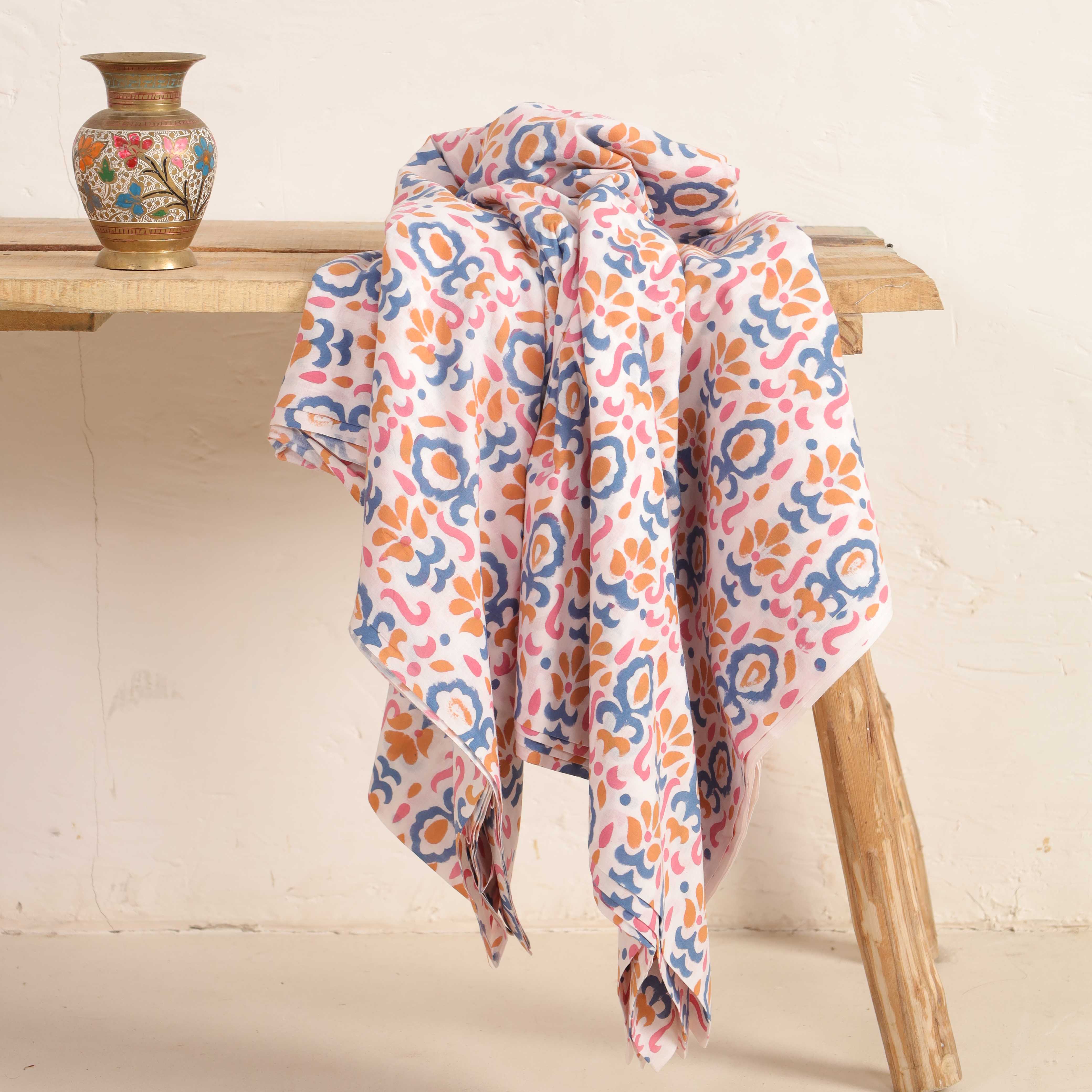 Traditional Buta Hand Block Printed Cotton Fabric - Indigo & Marigold
