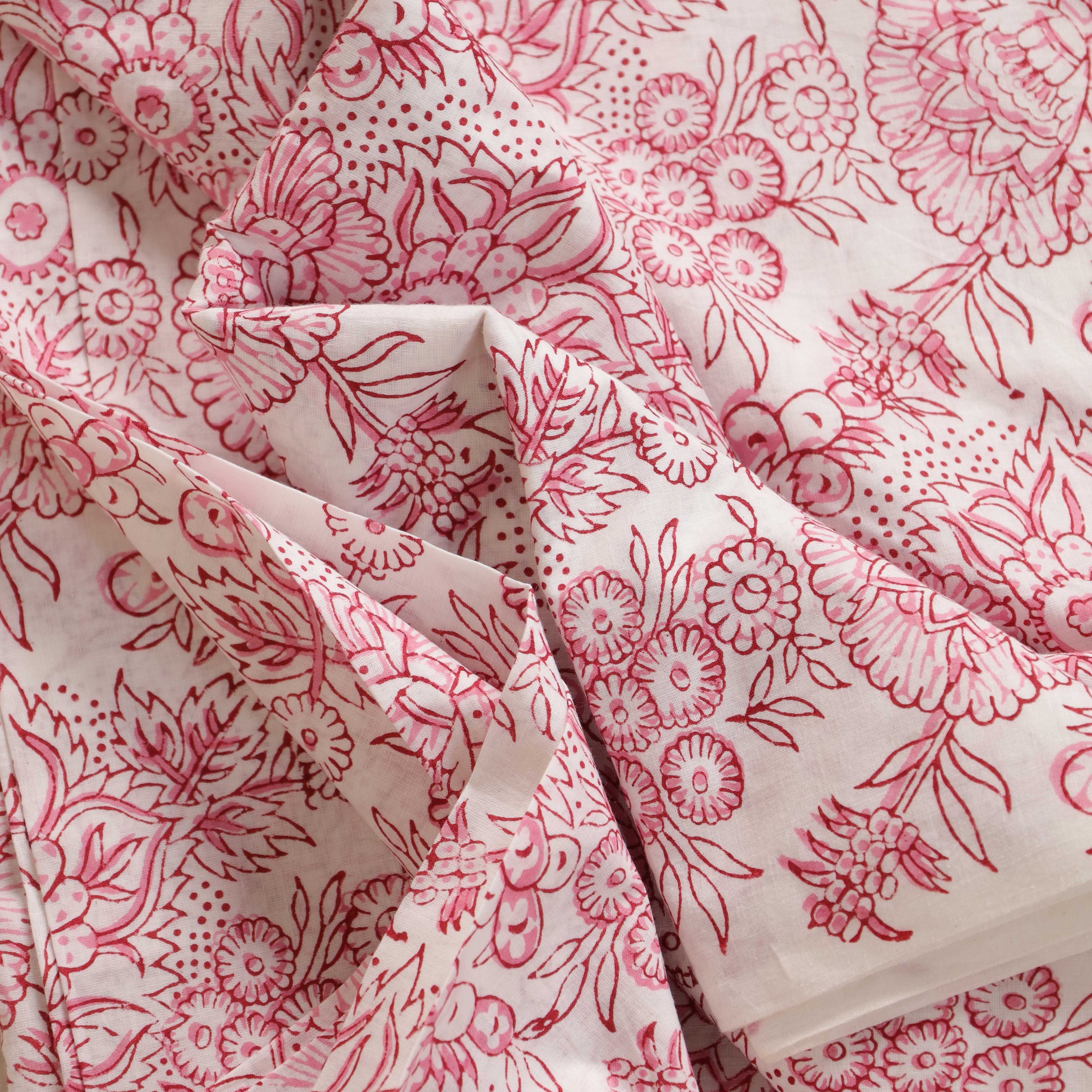 Traditional Hand Block Printed Cotton Fabric - Crimson Floral Motif