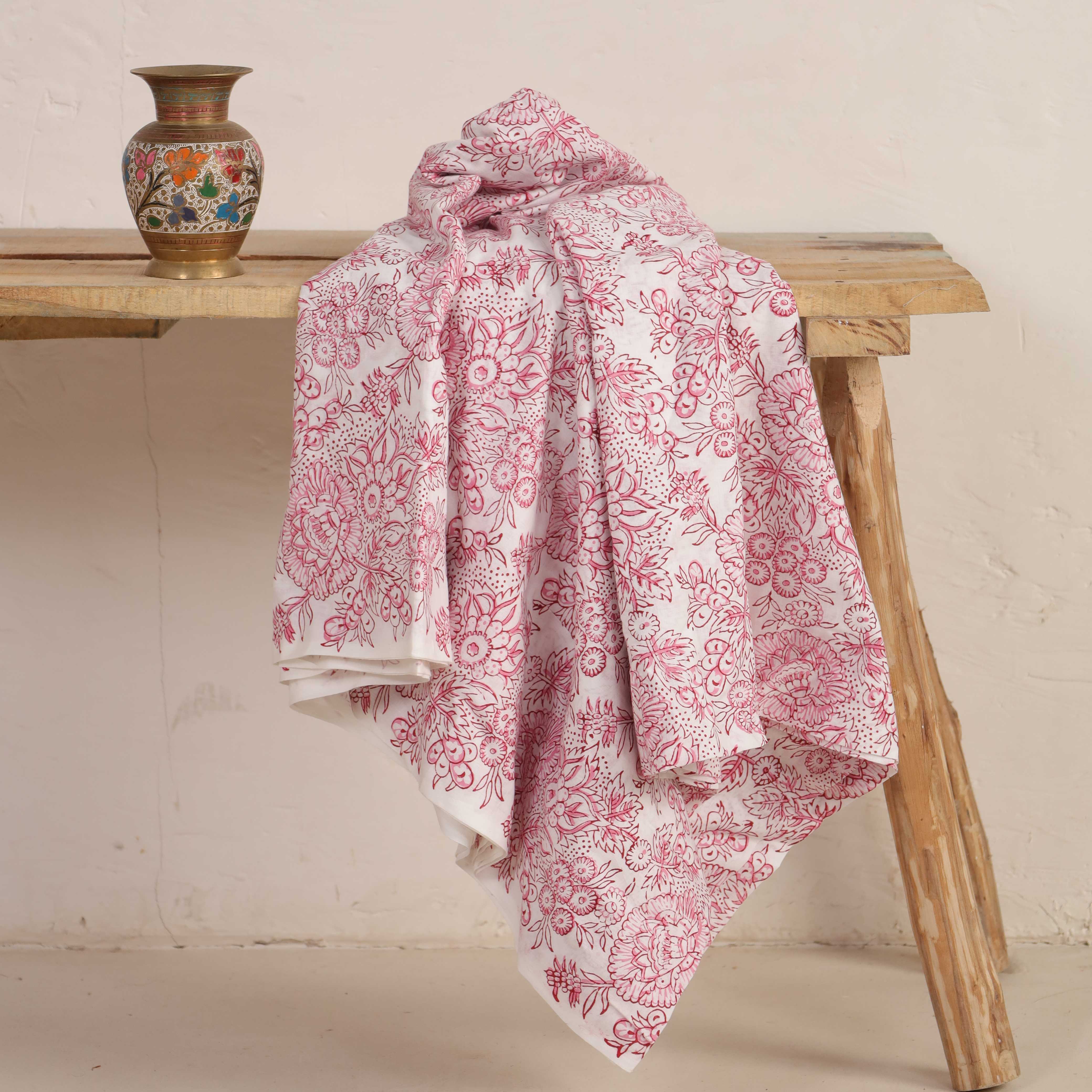 Traditional Hand Block Printed Cotton Fabric - Crimson Floral Motif