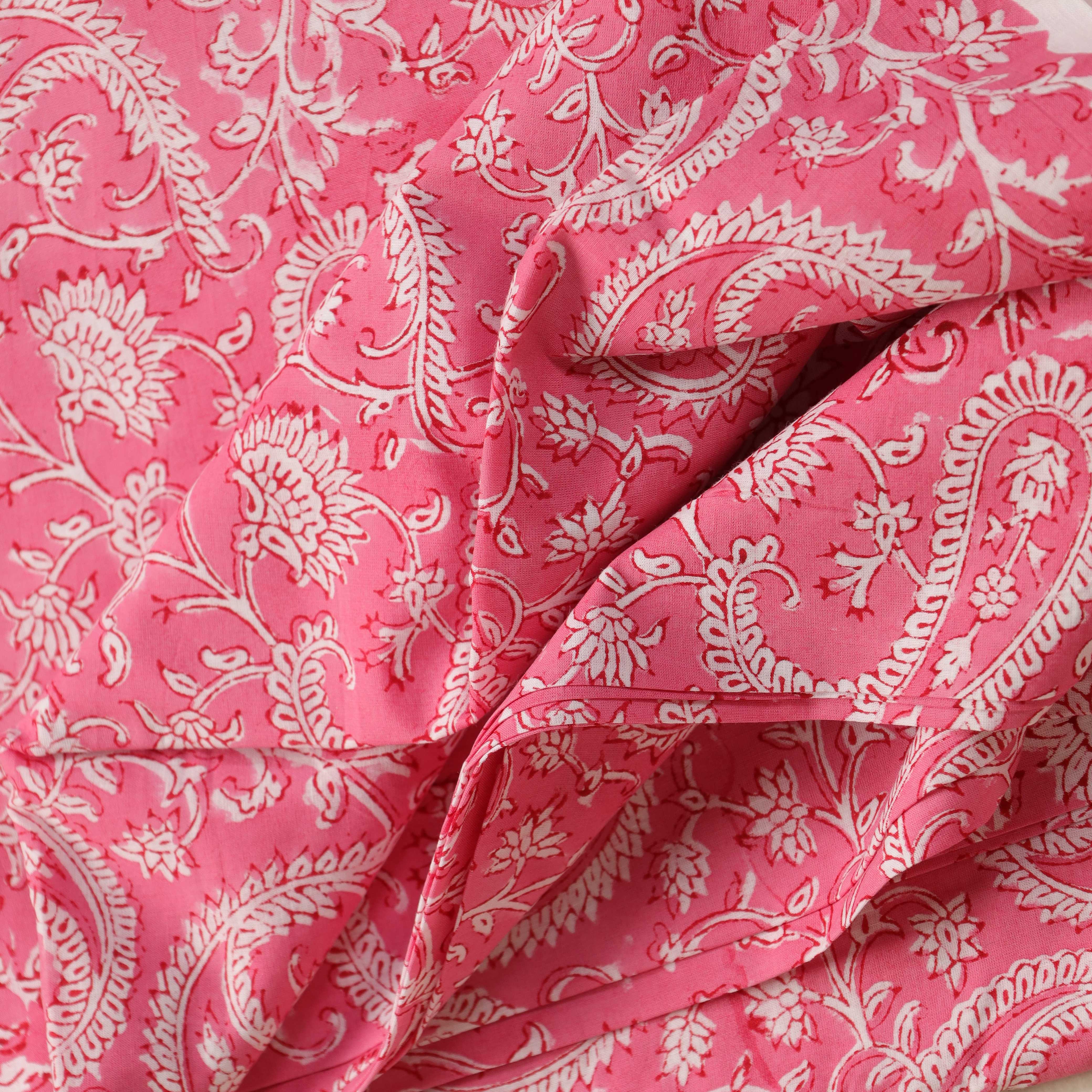 Artisan Hand Block Printed Cotton Fabric - Pink Floral Paisley Motif