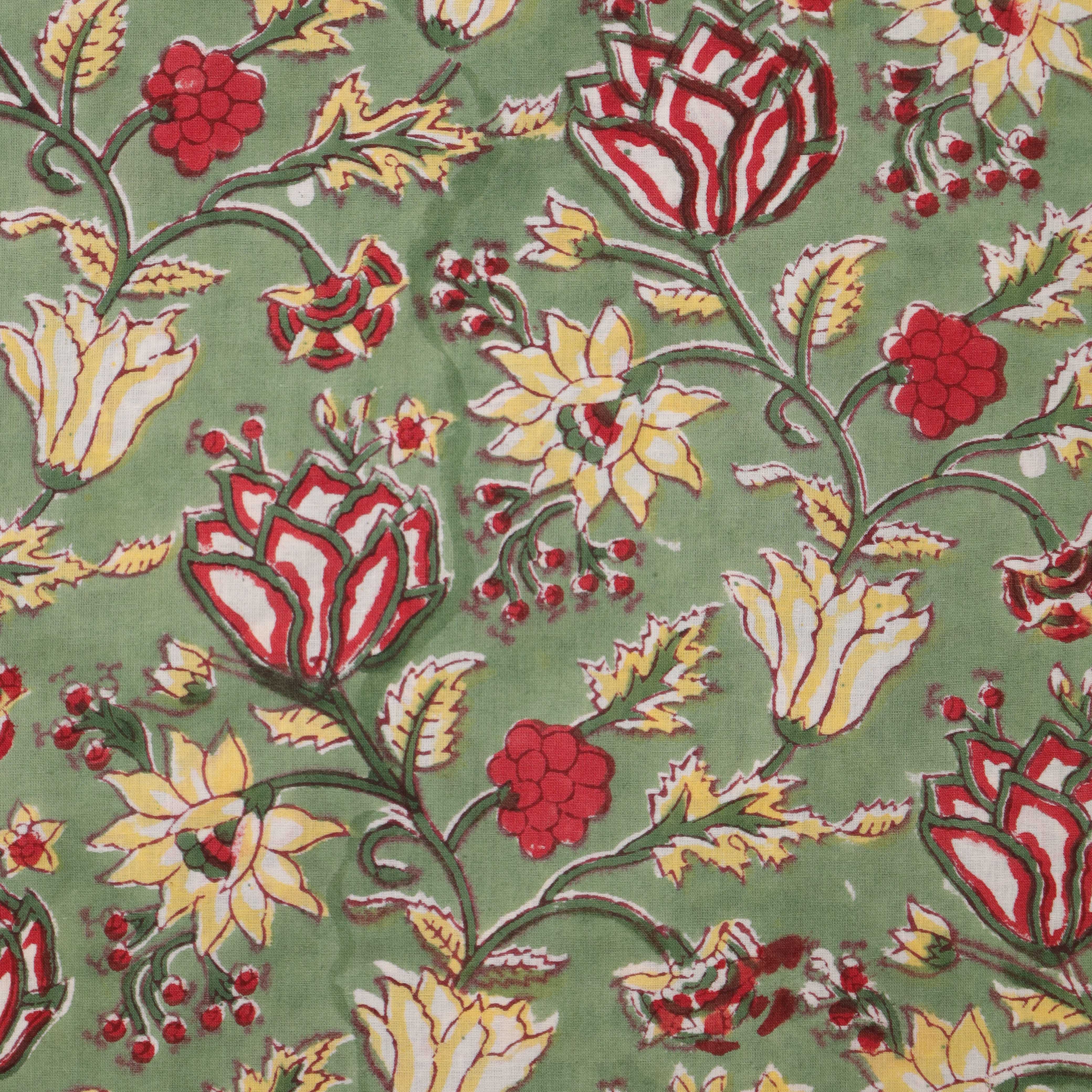Premium Hand Block Printed Cotton Fabric - Floral Meadow in Sage Green