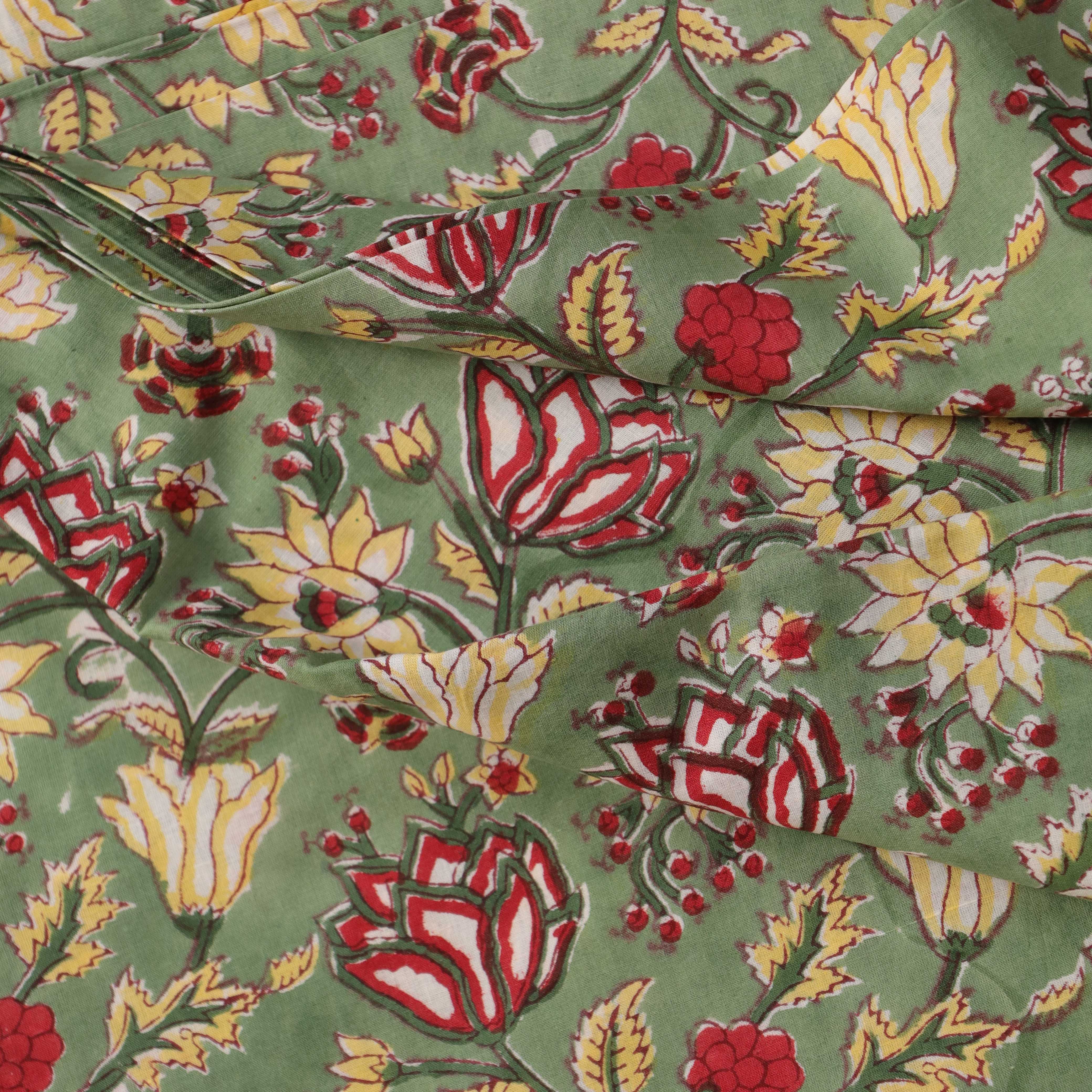 Premium Hand Block Printed Cotton Fabric - Floral Meadow in Sage Green