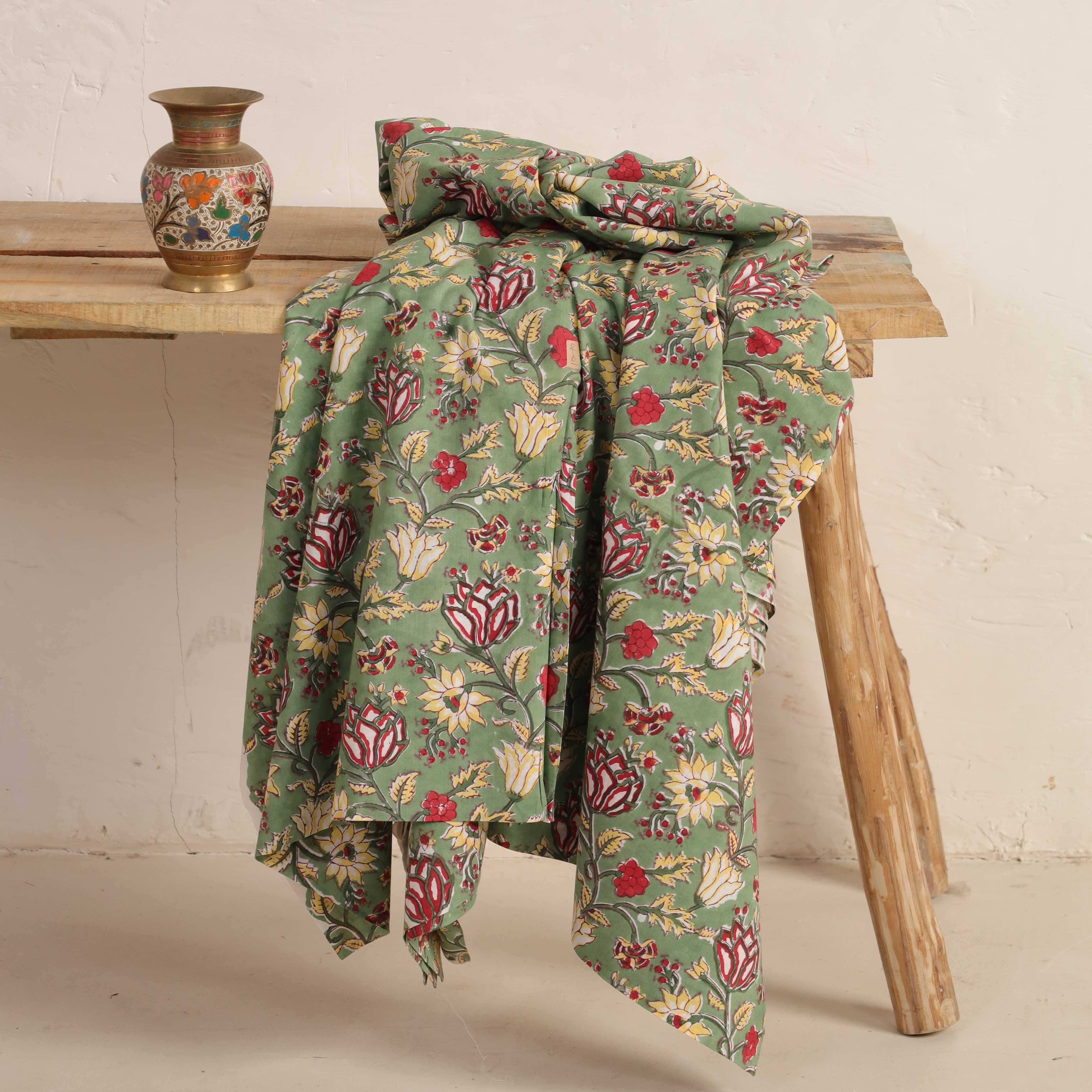 Premium Hand Block Printed Cotton Fabric - Floral Meadow in Sage Green