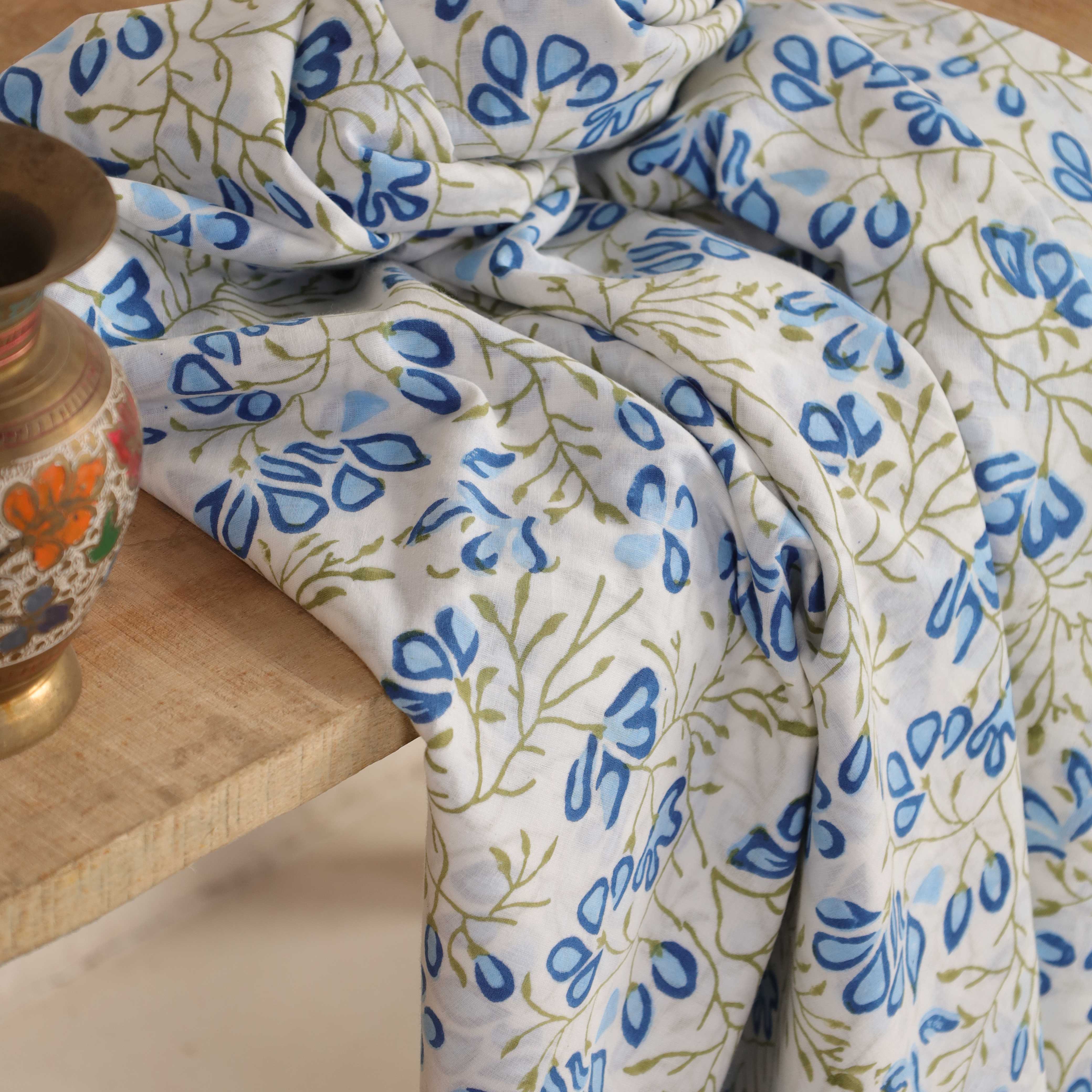 Premium Hand Block Printed Cotton Fabric - Azure Floral on Crisp White