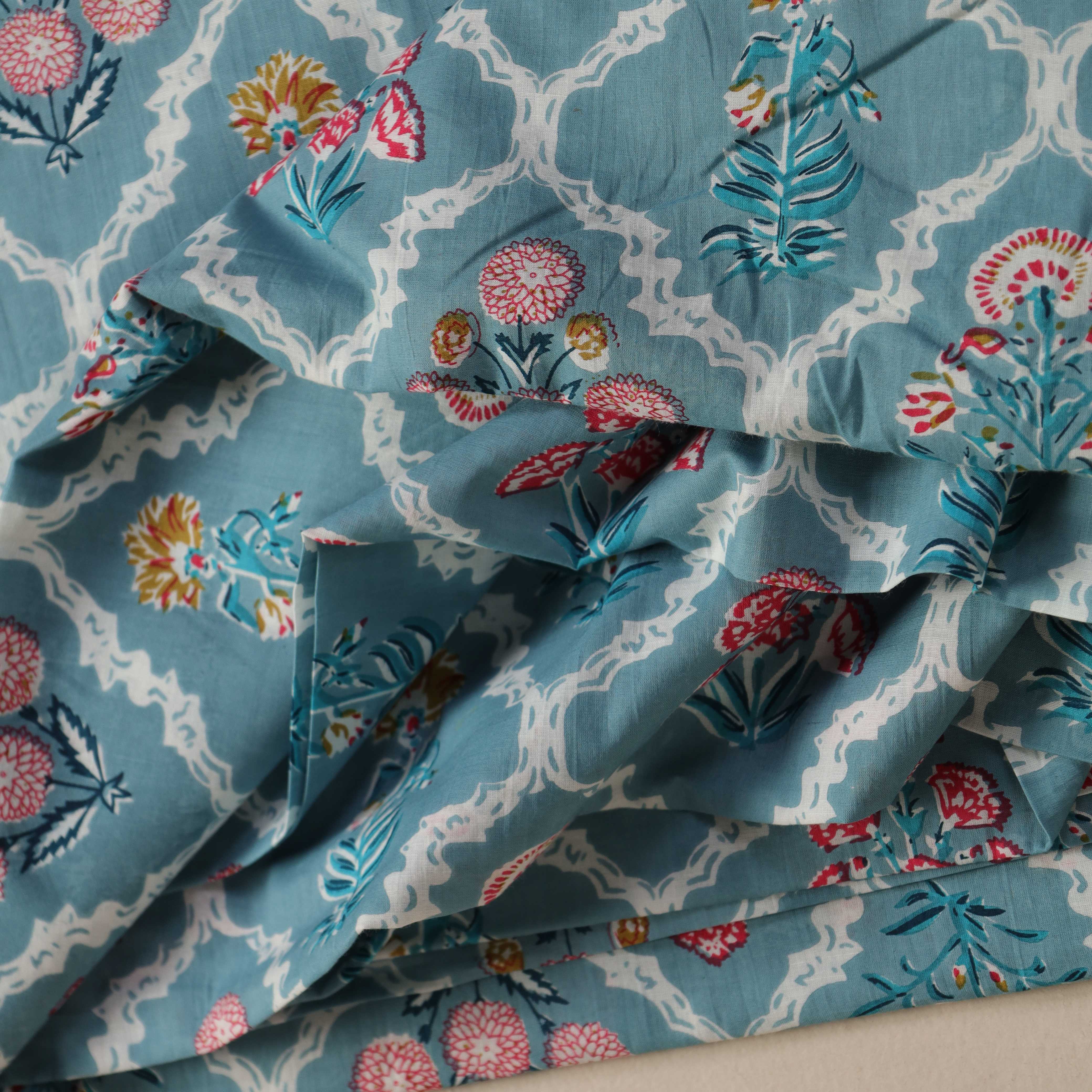 Hand Block Printed Cotton Fabric - Blue Lattice Floral Motif