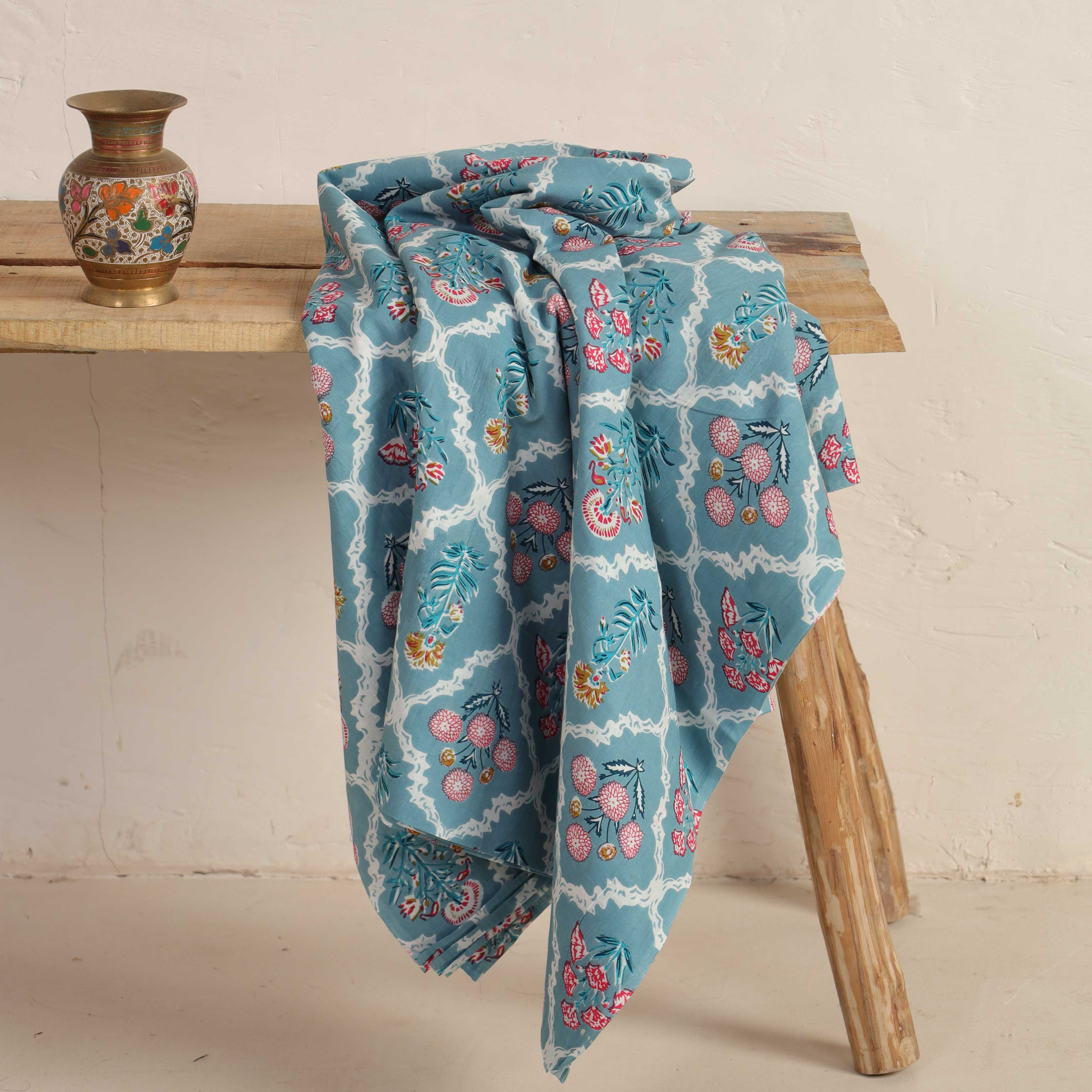 Hand Block Printed Cotton Fabric - Blue Lattice Floral Motif