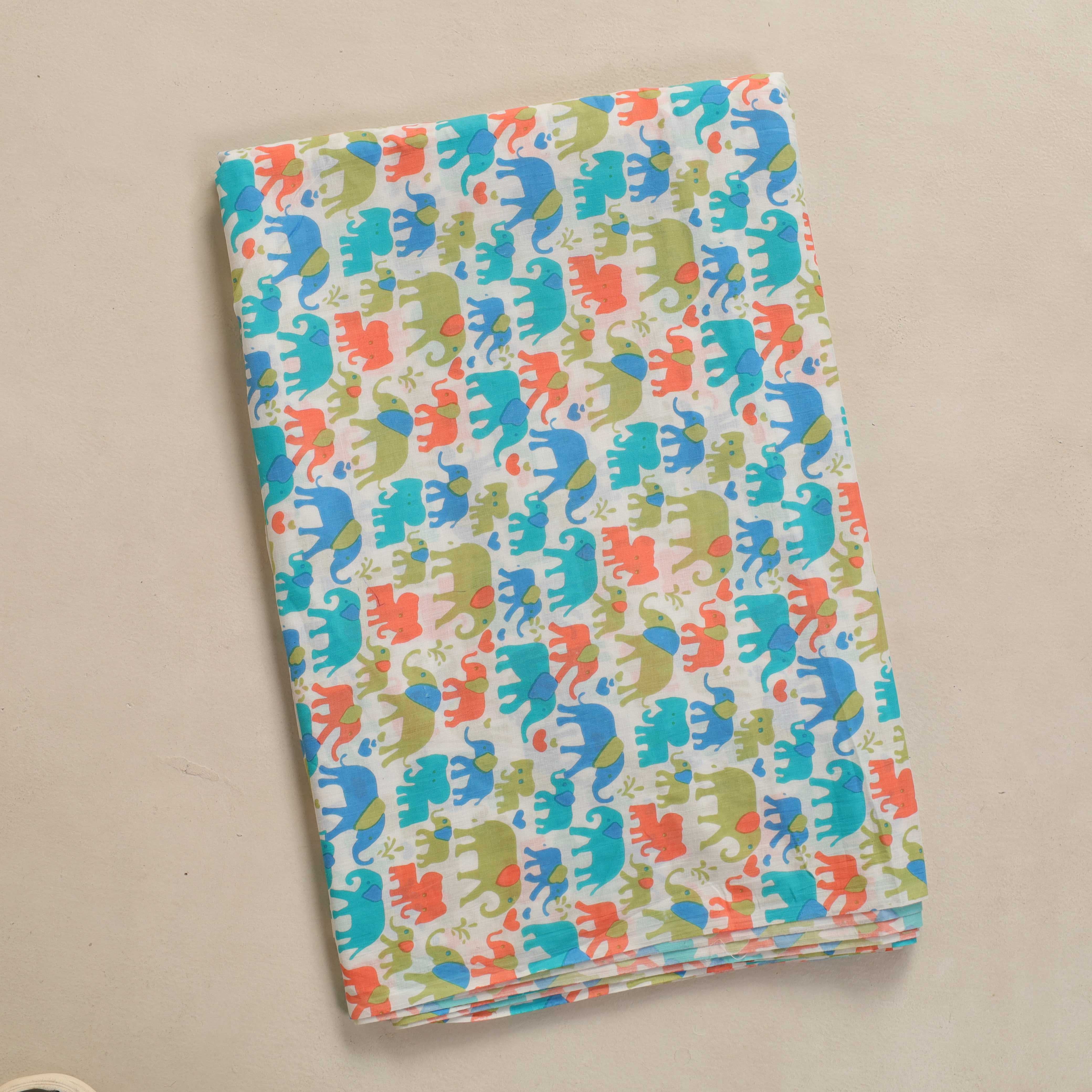 Premium Hand Block Printed Cotton Fabric - Playful Artisan Elephant Motif
