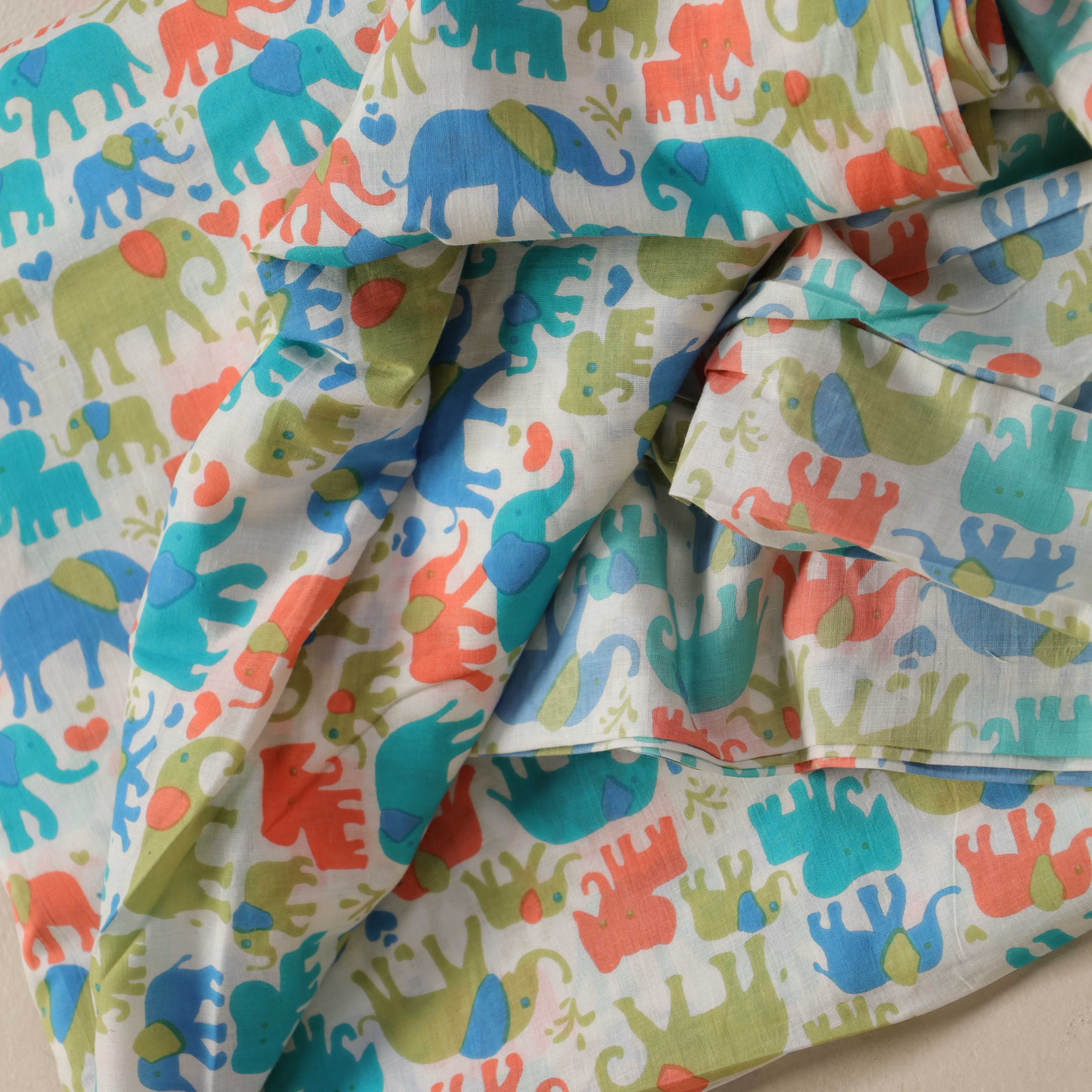 Premium Hand Block Printed Cotton Fabric - Playful Artisan Elephant Motif