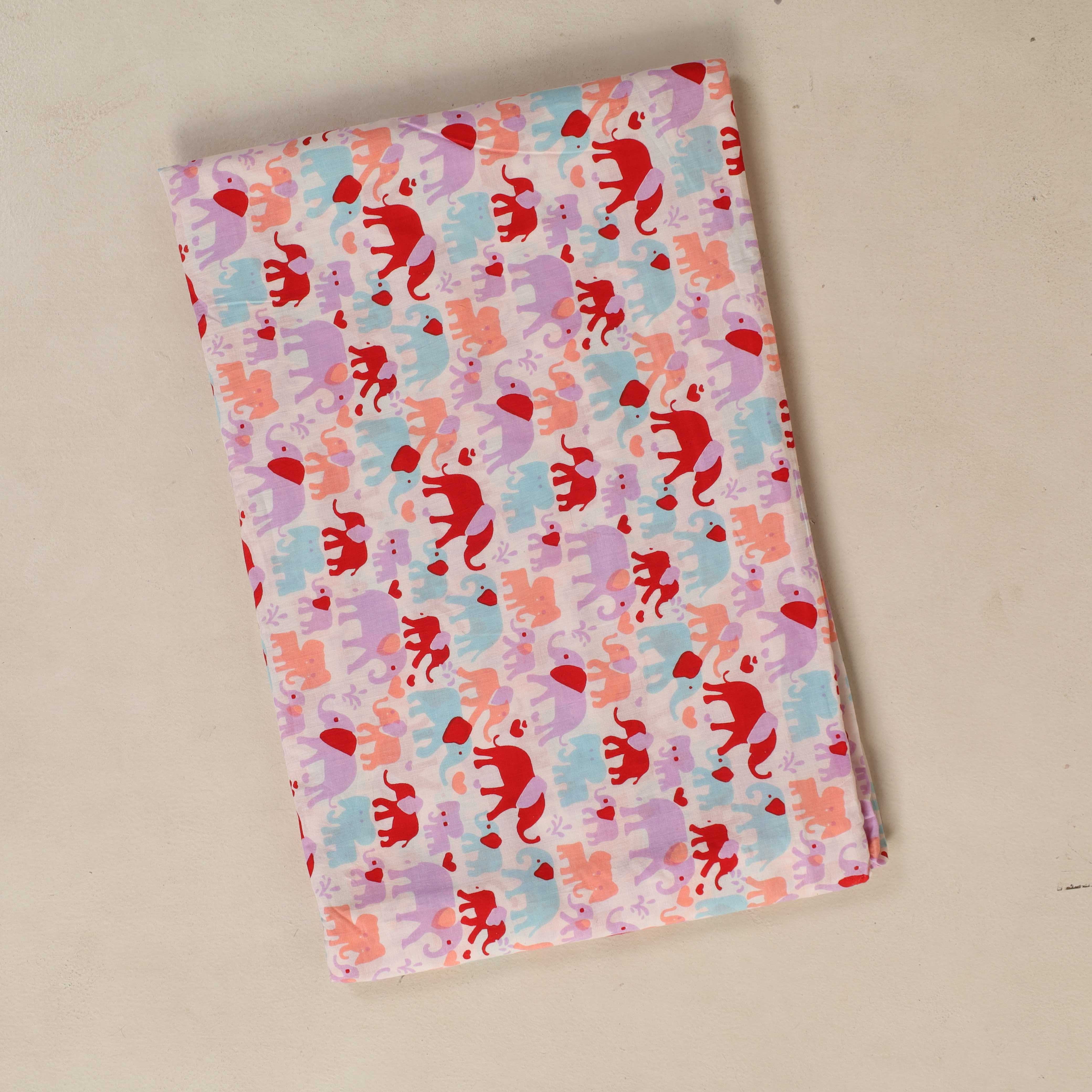 Premium Hand Block Printed Cotton Fabric - Crimson & Lilac Elephant Motif
