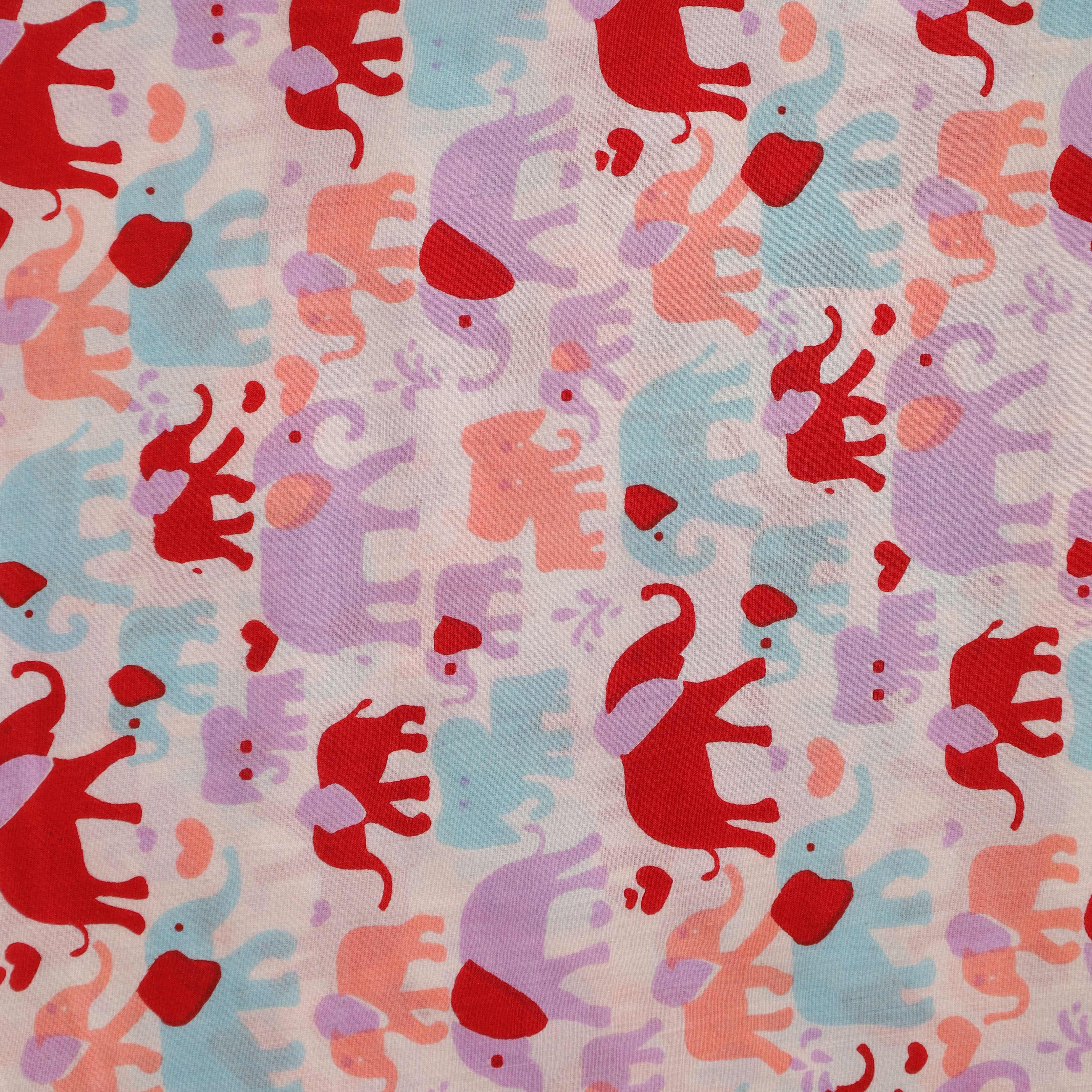 Premium Hand Block Printed Cotton Fabric - Crimson & Lilac Elephant Motif