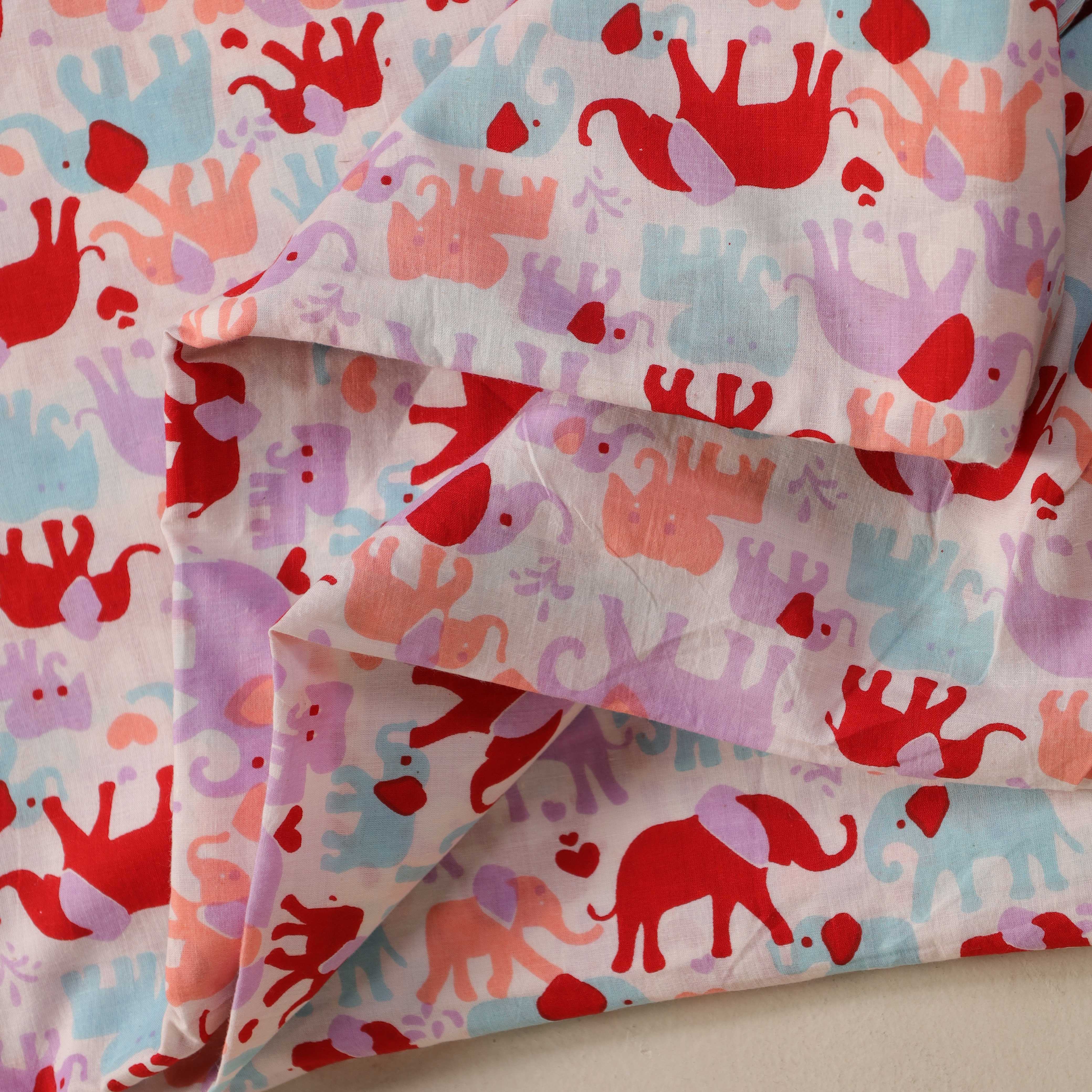 Premium Hand Block Printed Cotton Fabric - Crimson & Lilac Elephant Motif