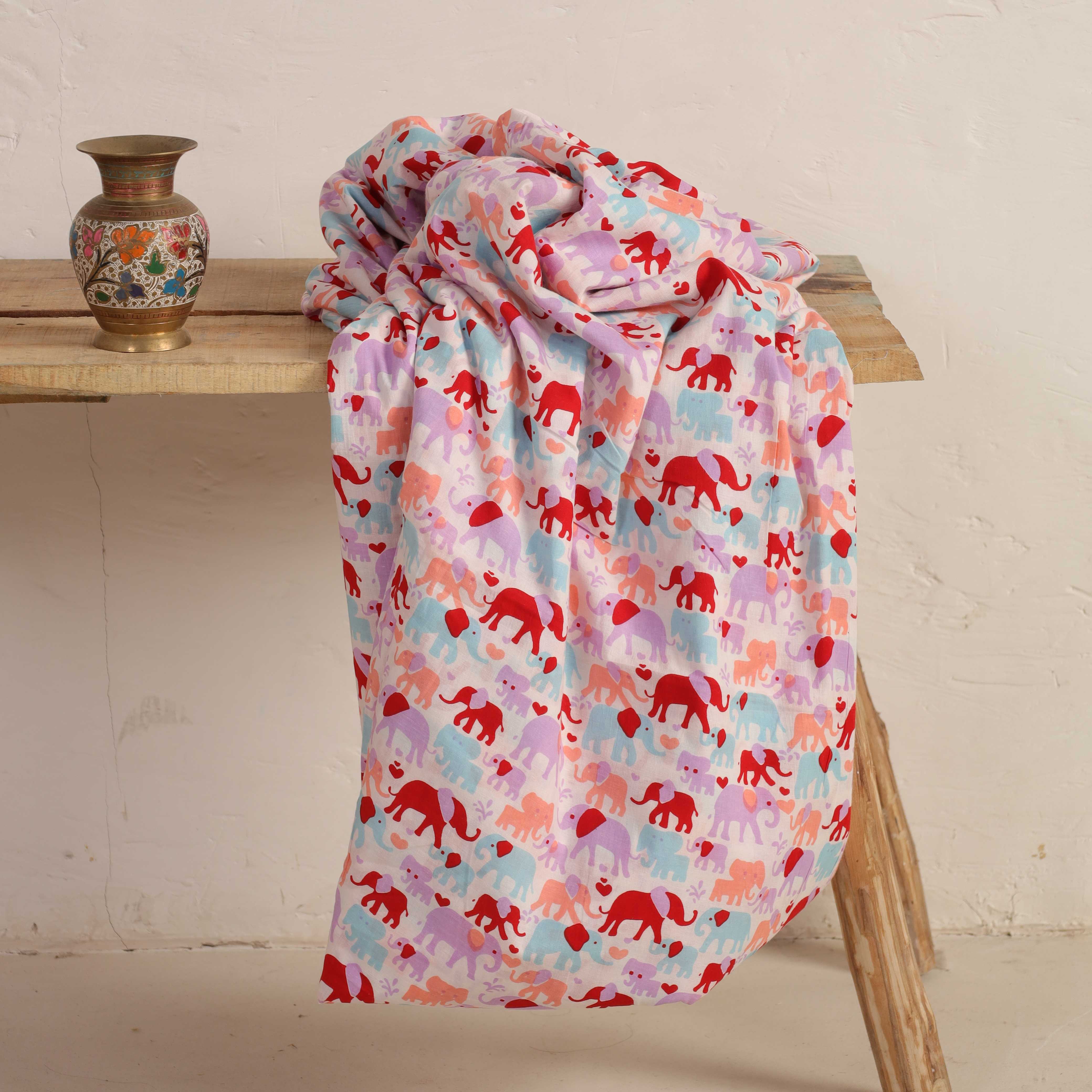 Premium Hand Block Printed Cotton Fabric - Crimson & Lilac Elephant Motif