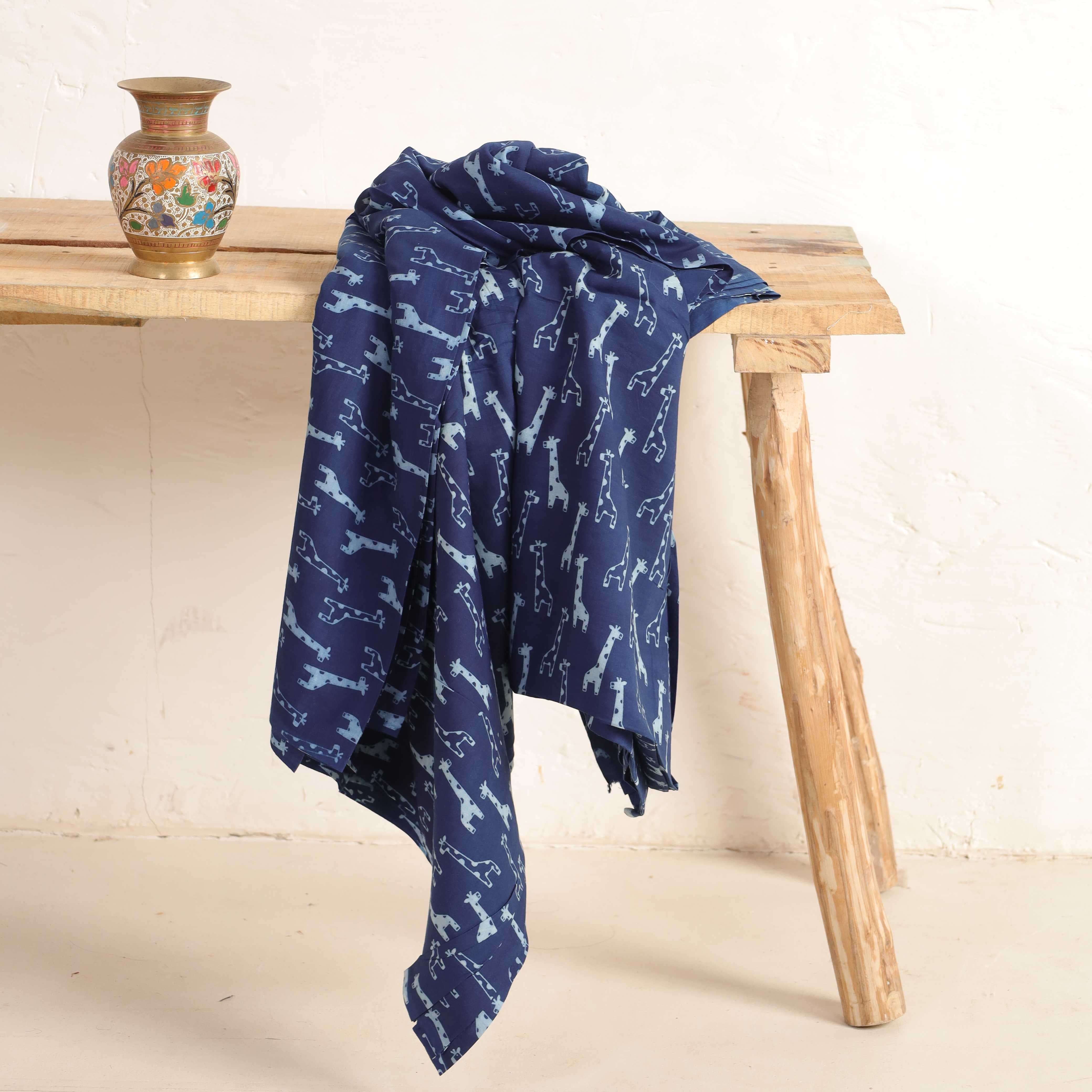 Indigo Giraffe Hand Block Printed Cotton Fabric - Deep Navy Artisan Textile