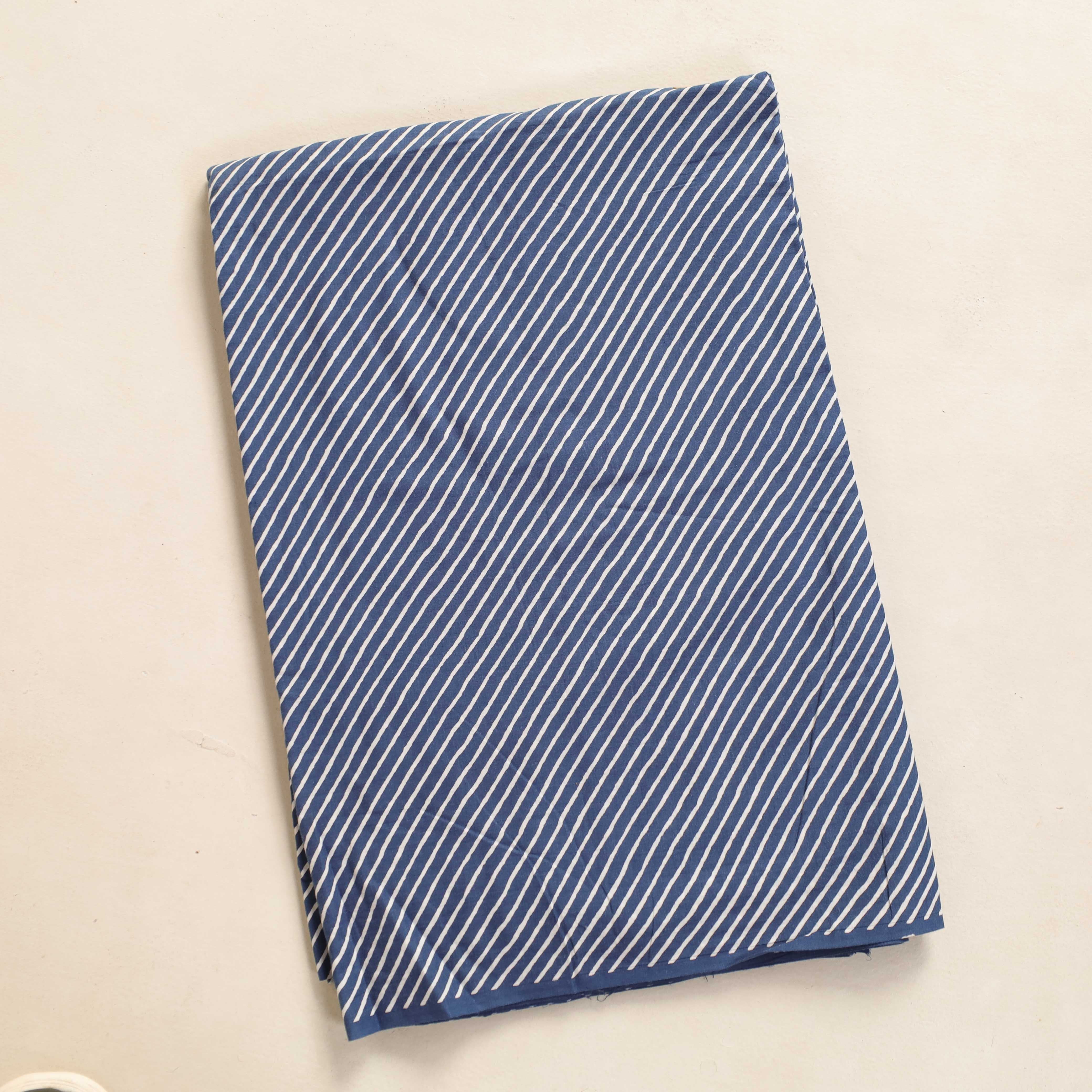 Premium Indigo Diagonal Stripe Hand Block Printed Cotton Fabric