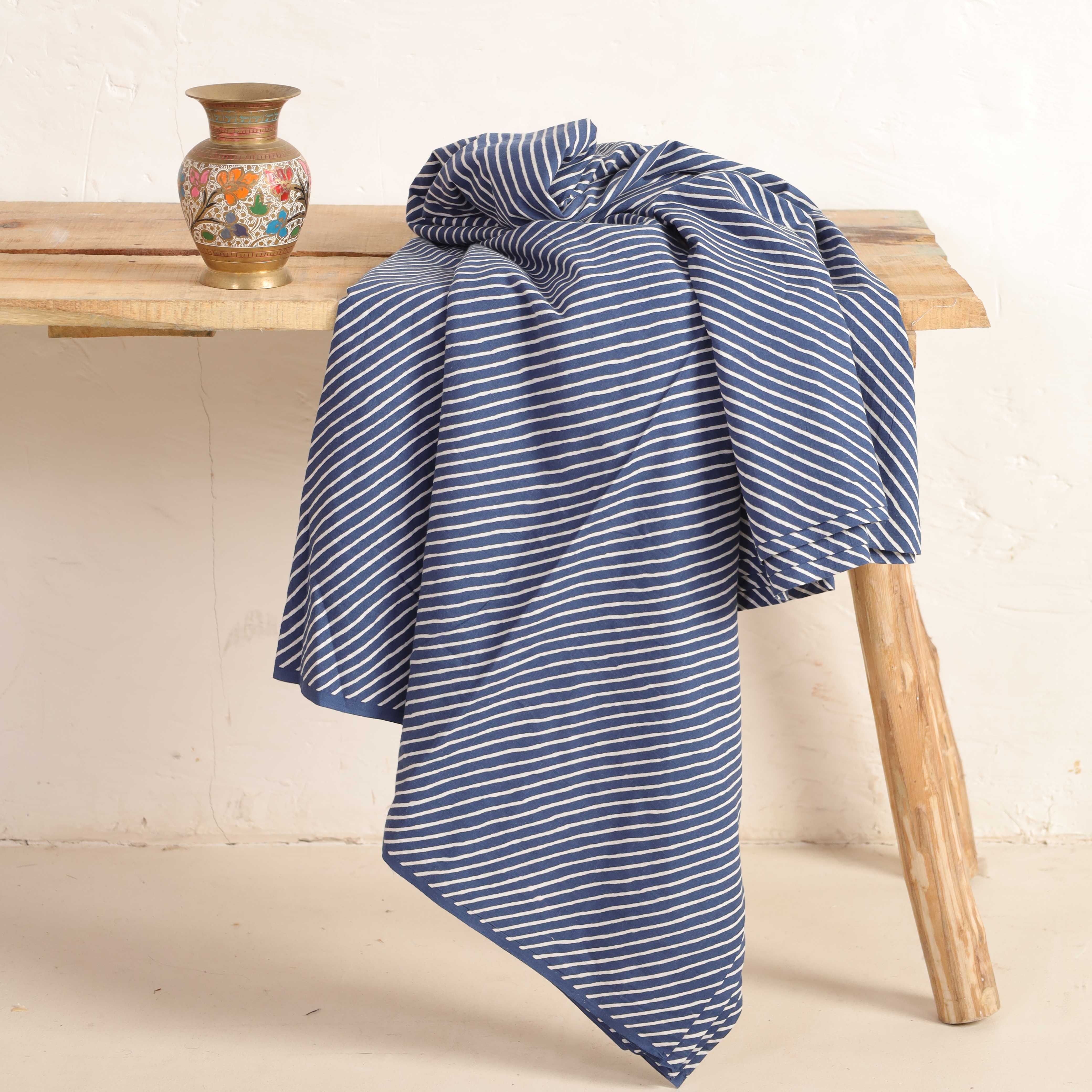 Premium Indigo Diagonal Stripe Hand Block Printed Cotton Fabric
