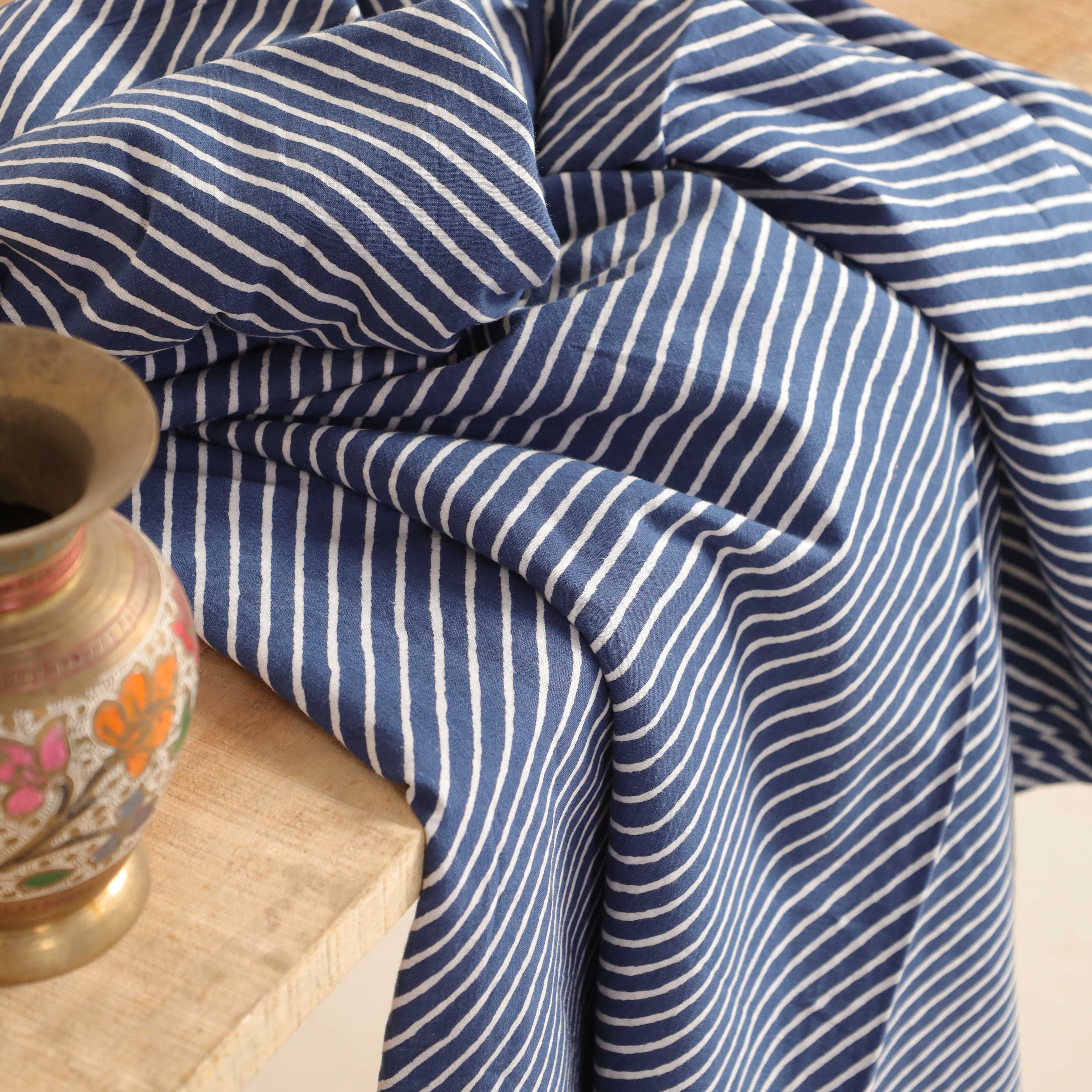 Premium Indigo Diagonal Stripe Hand Block Printed Cotton Fabric