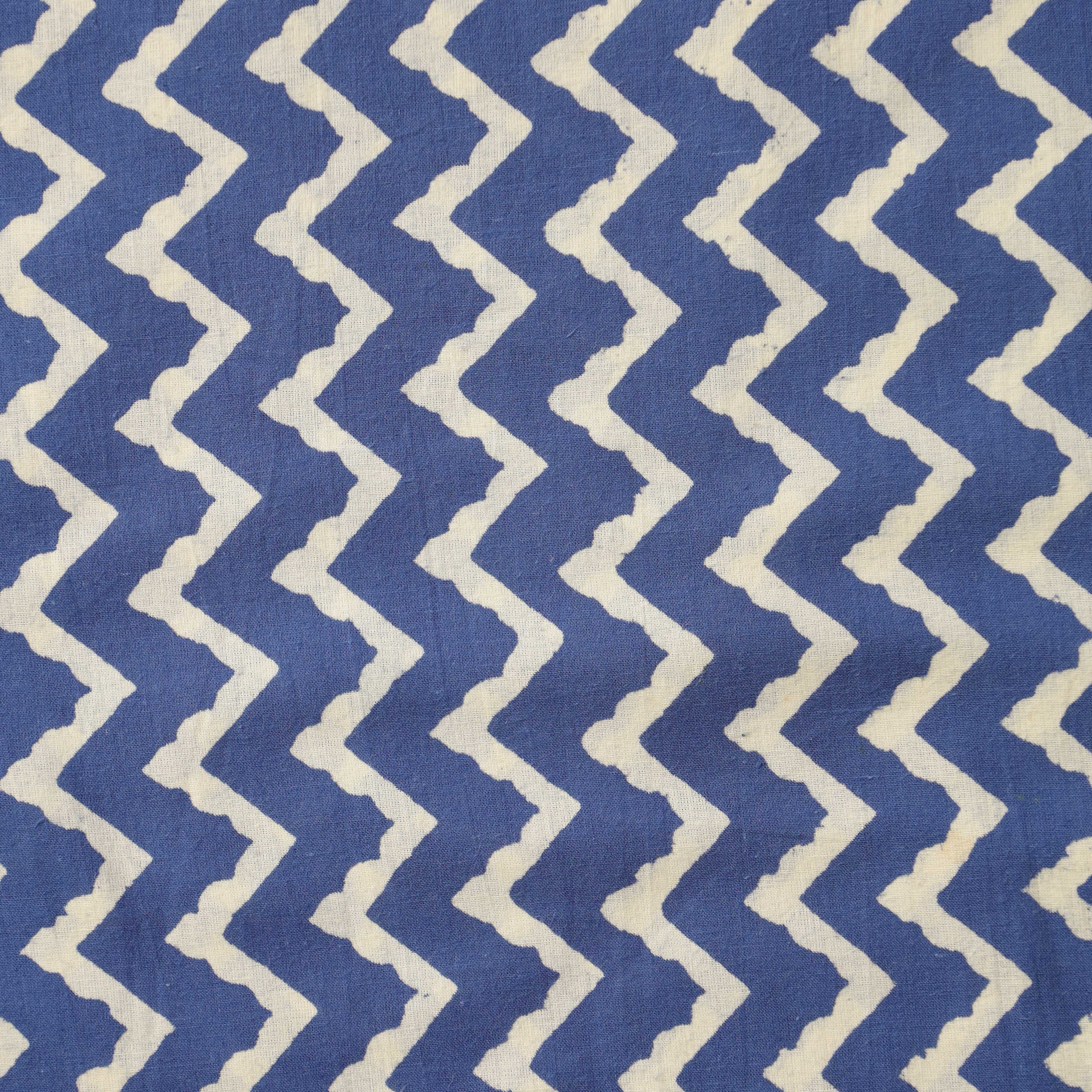 Premium Blue Chevron Hand Block Printed Cotton Fabric — Artisan Zigzag Textile