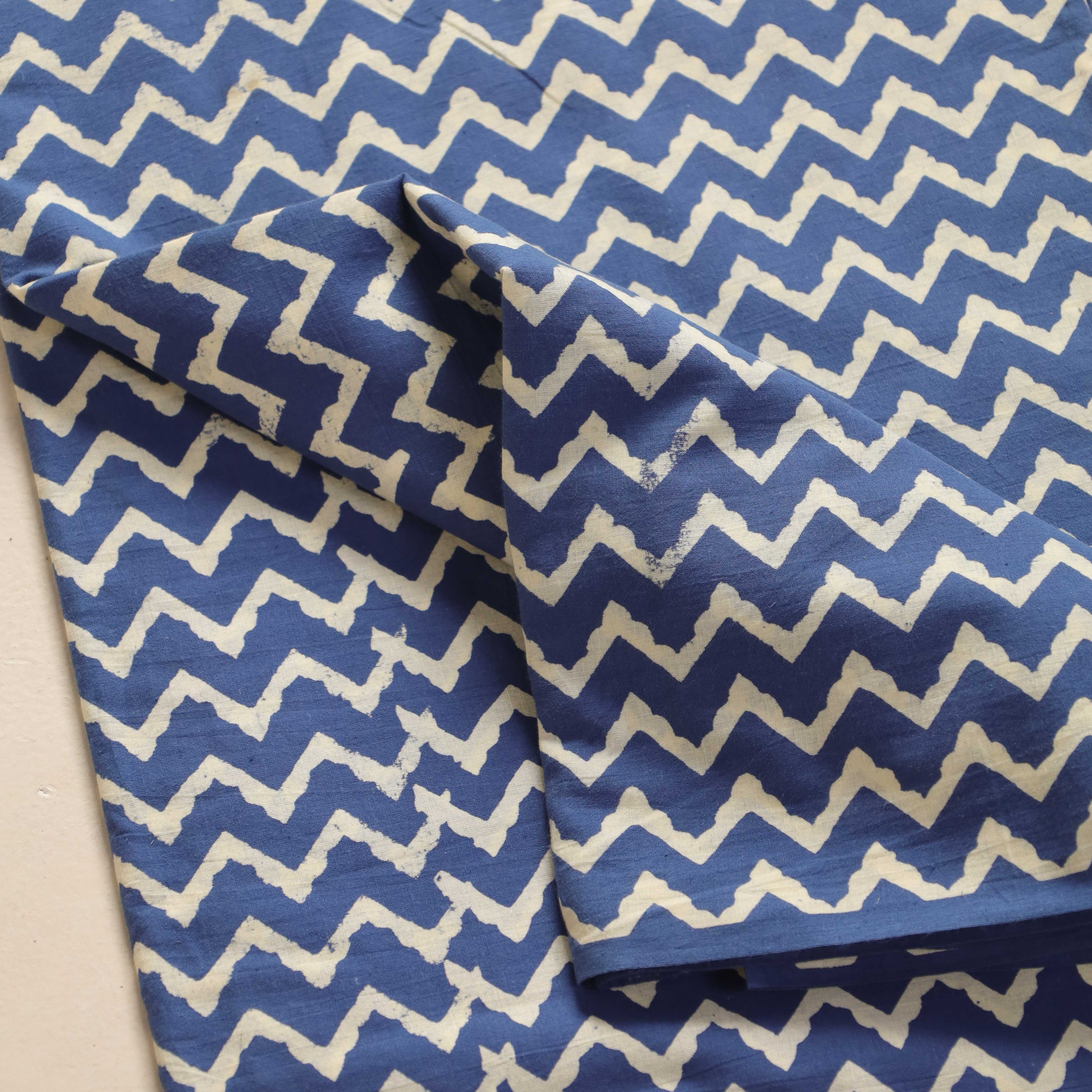 Premium Blue Chevron Hand Block Printed Cotton Fabric — Artisan Zigzag Textile