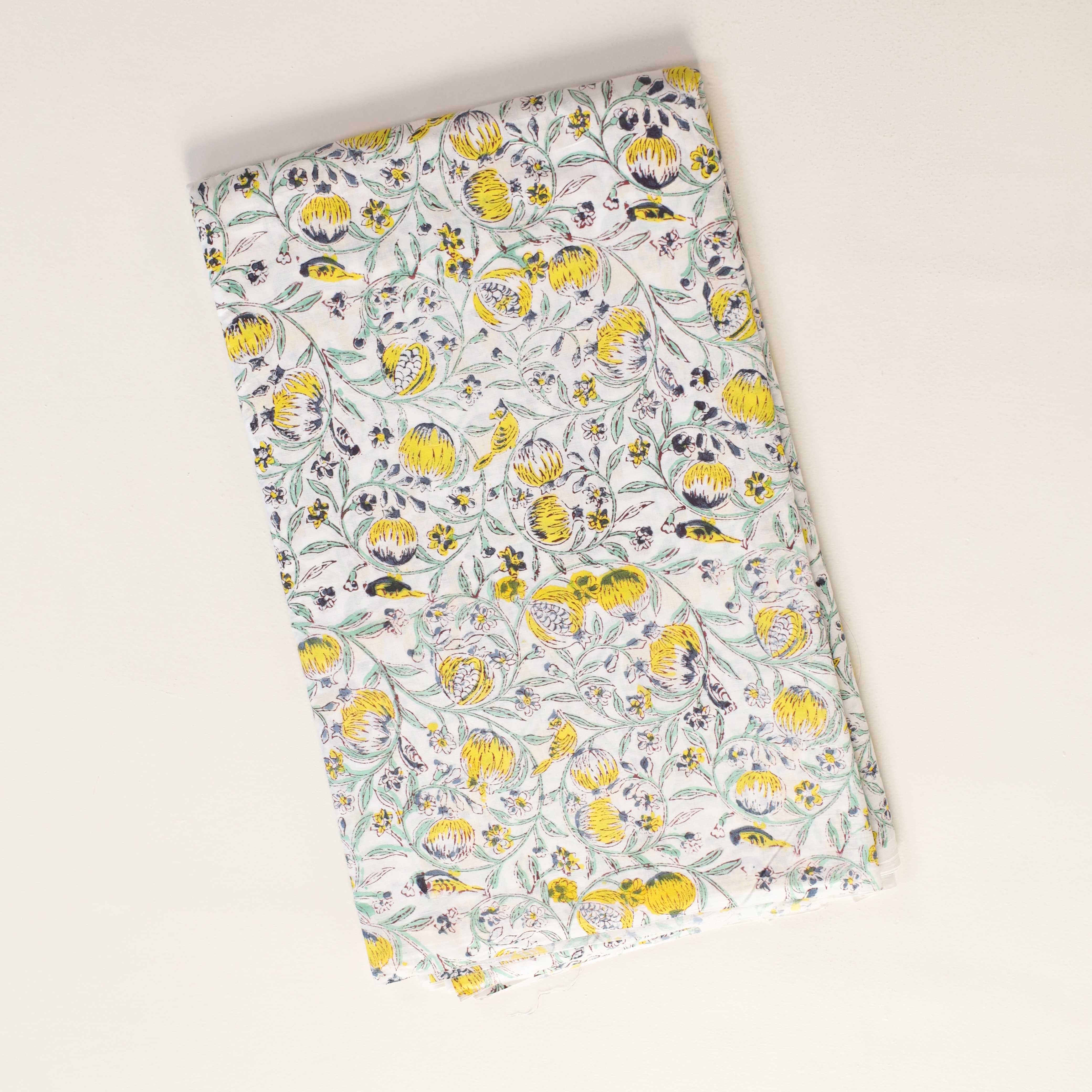 Premium Yellow Pomegranate Floral Hand Block Printed Cotton Fabric