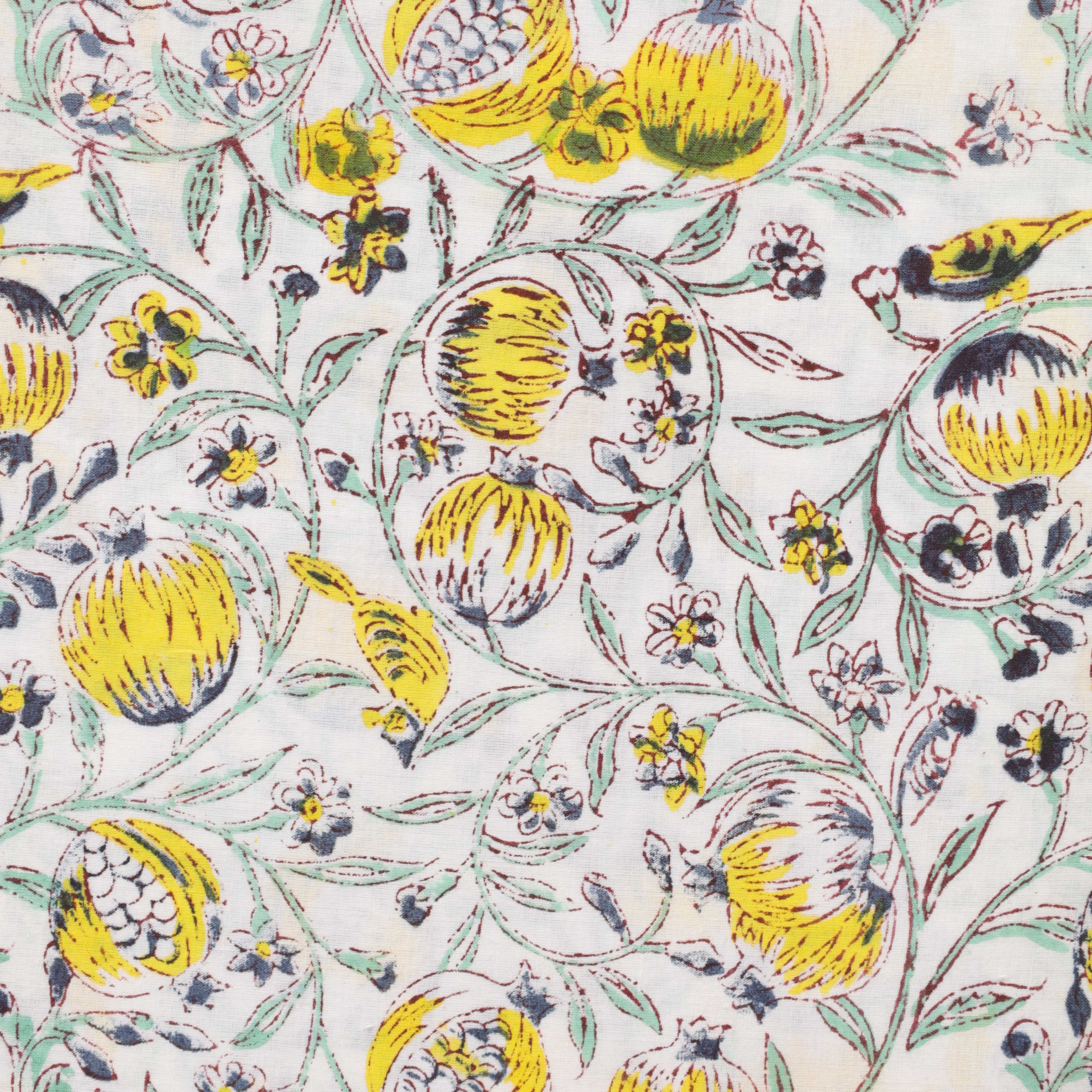 Premium Yellow Pomegranate Floral Hand Block Printed Cotton Fabric