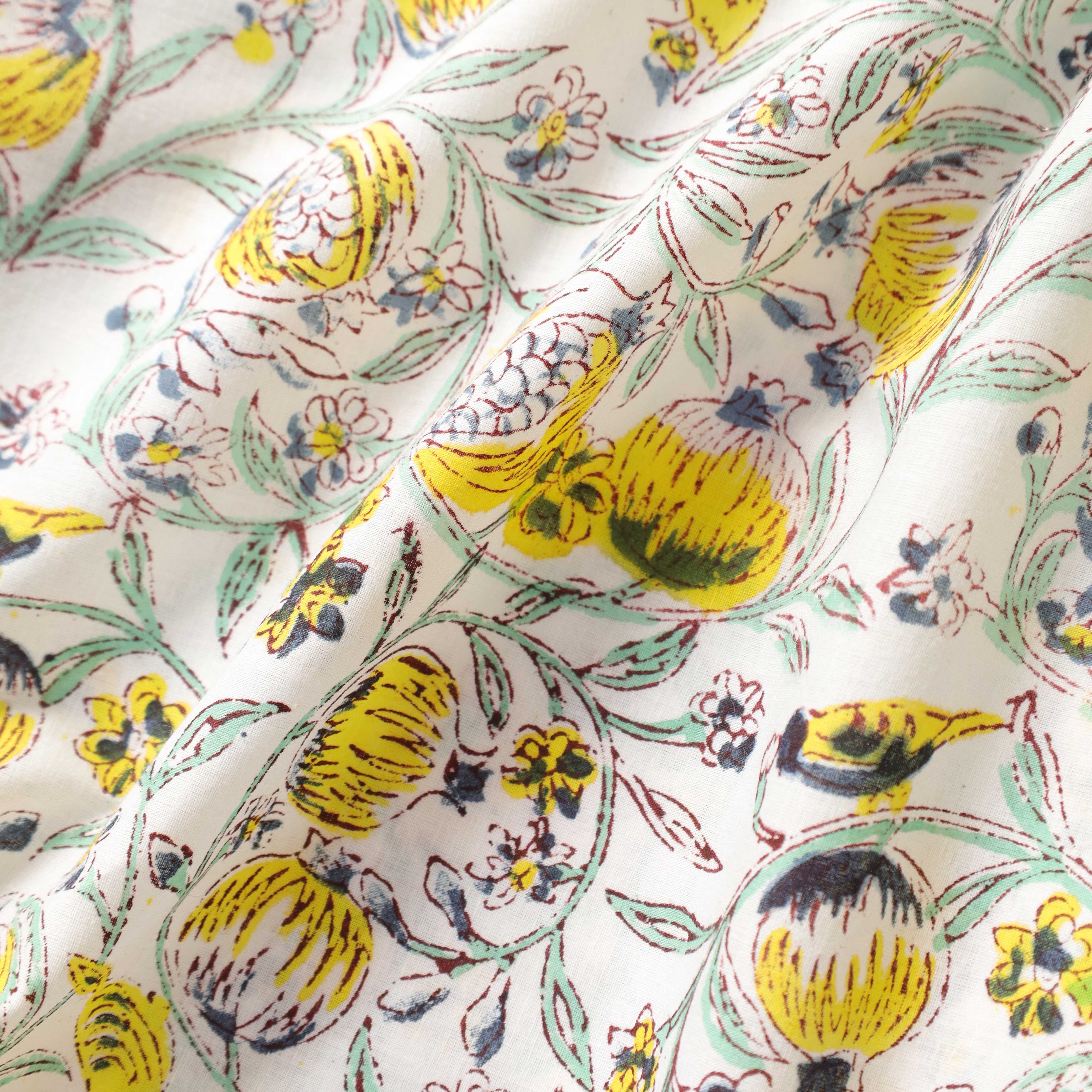 Premium Yellow Pomegranate Floral Hand Block Printed Cotton Fabric