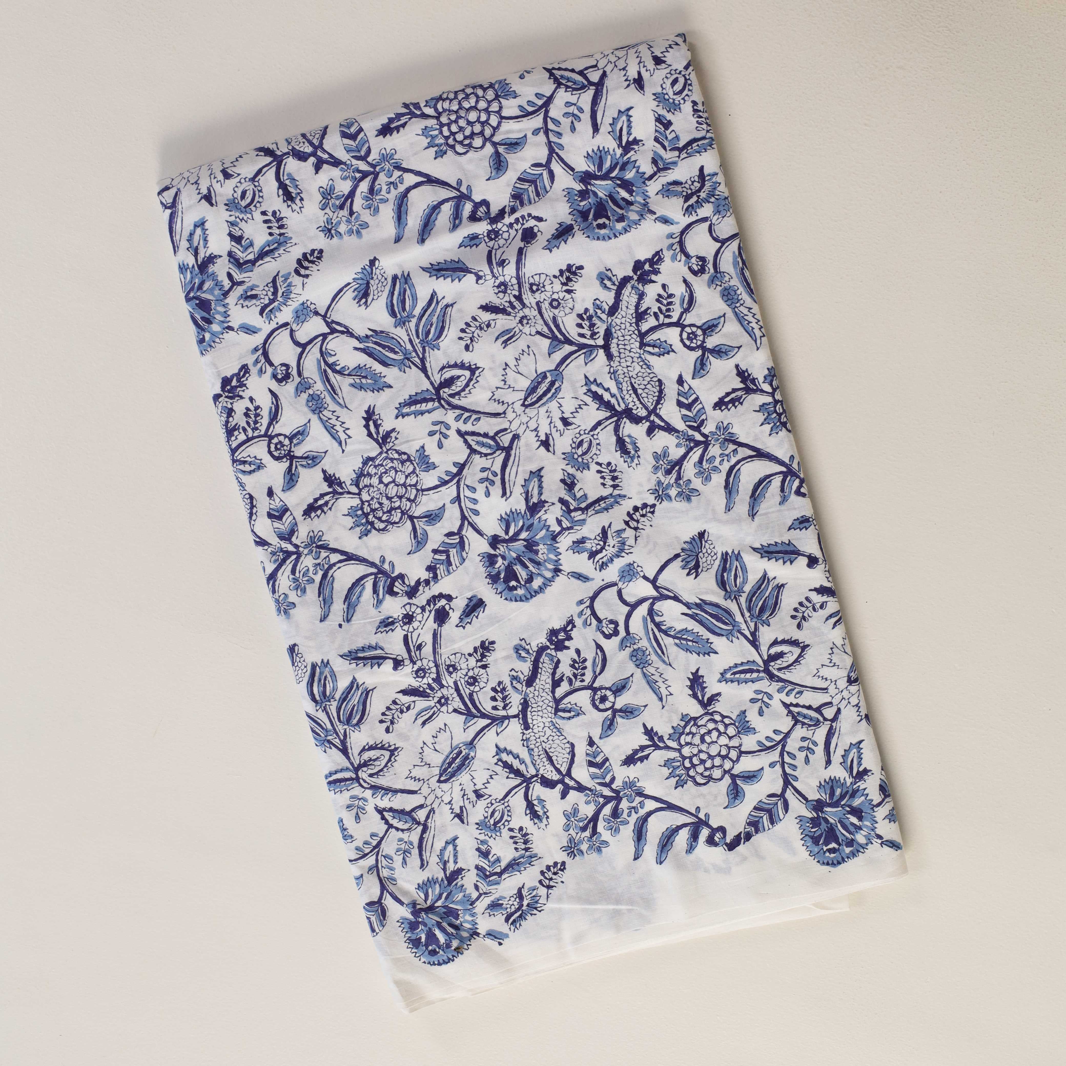 Premium Blue Botanical Motif Hand Block Printed Cotton Fabric