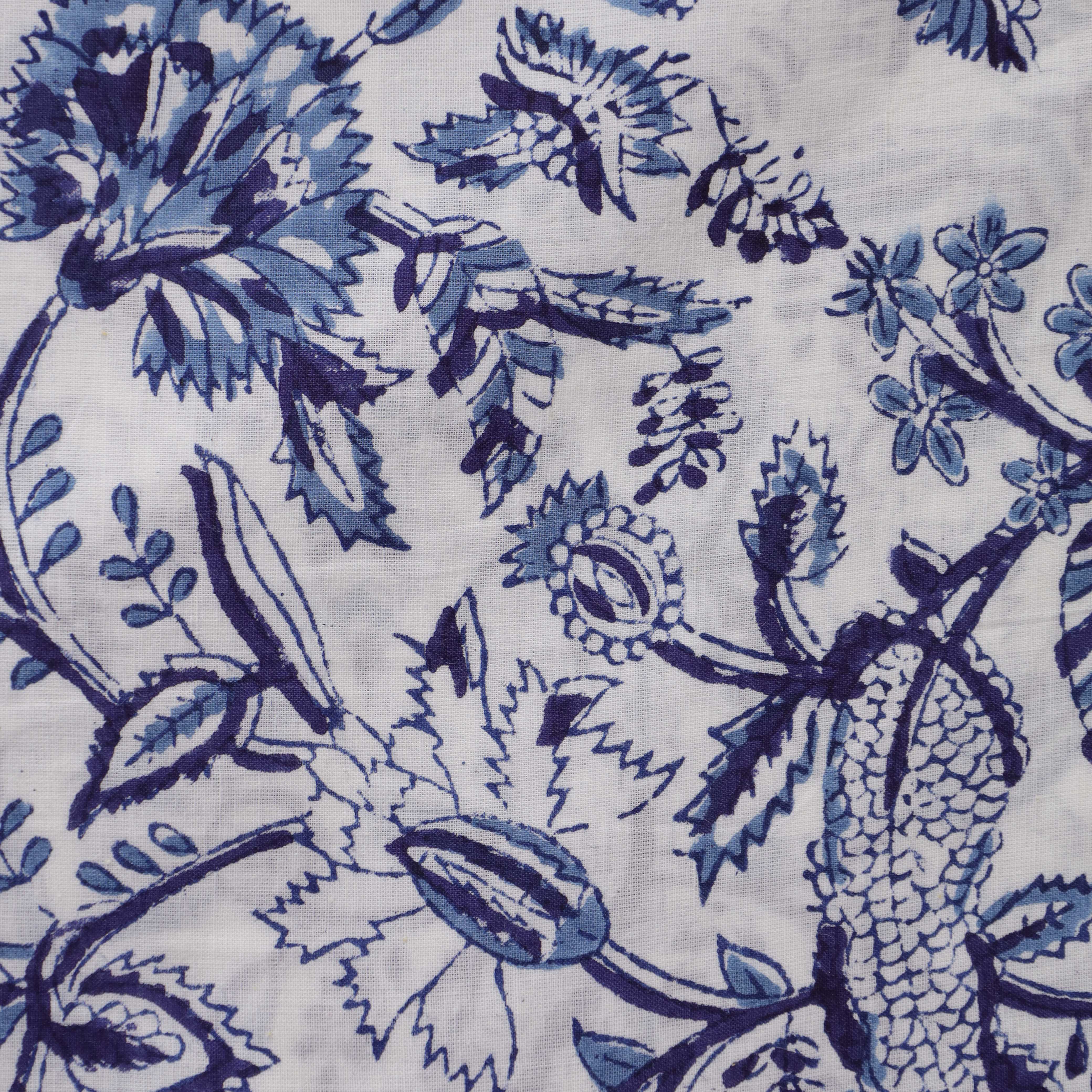Premium Blue Botanical Motif Hand Block Printed Cotton Fabric