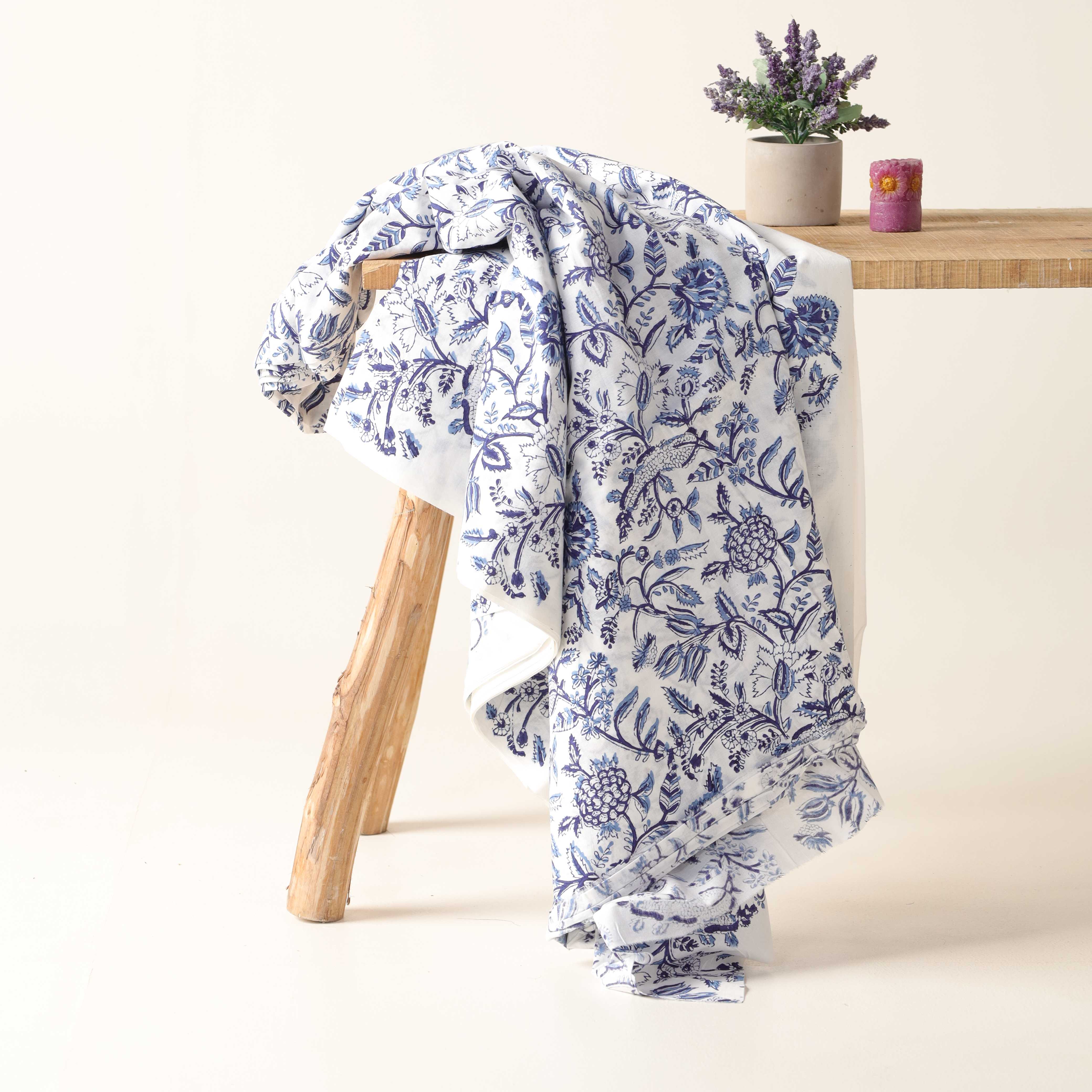 Premium Blue Botanical Motif Hand Block Printed Cotton Fabric