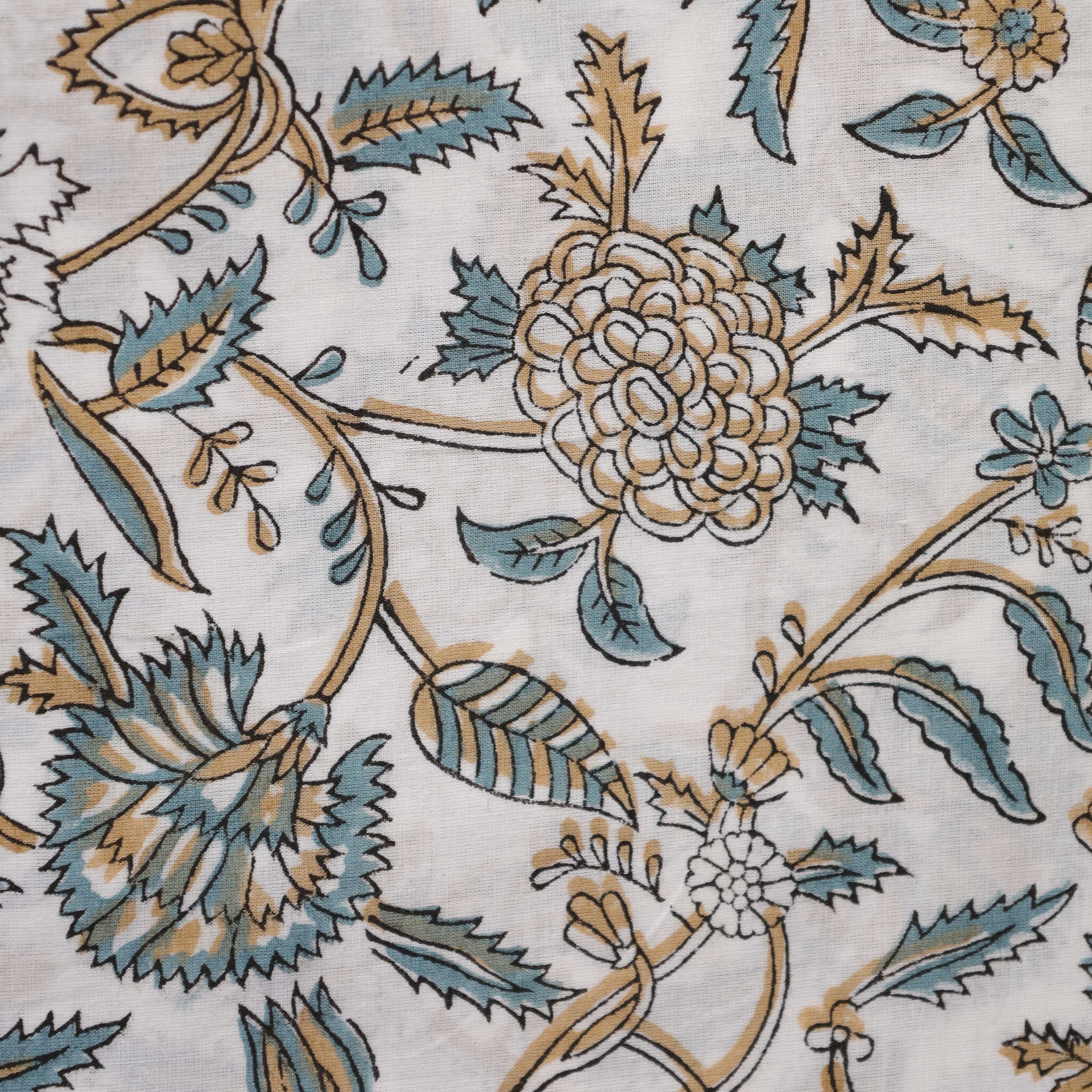 Premium Teal & Ochre Botanical Hand Block Printed Cotton Fabric