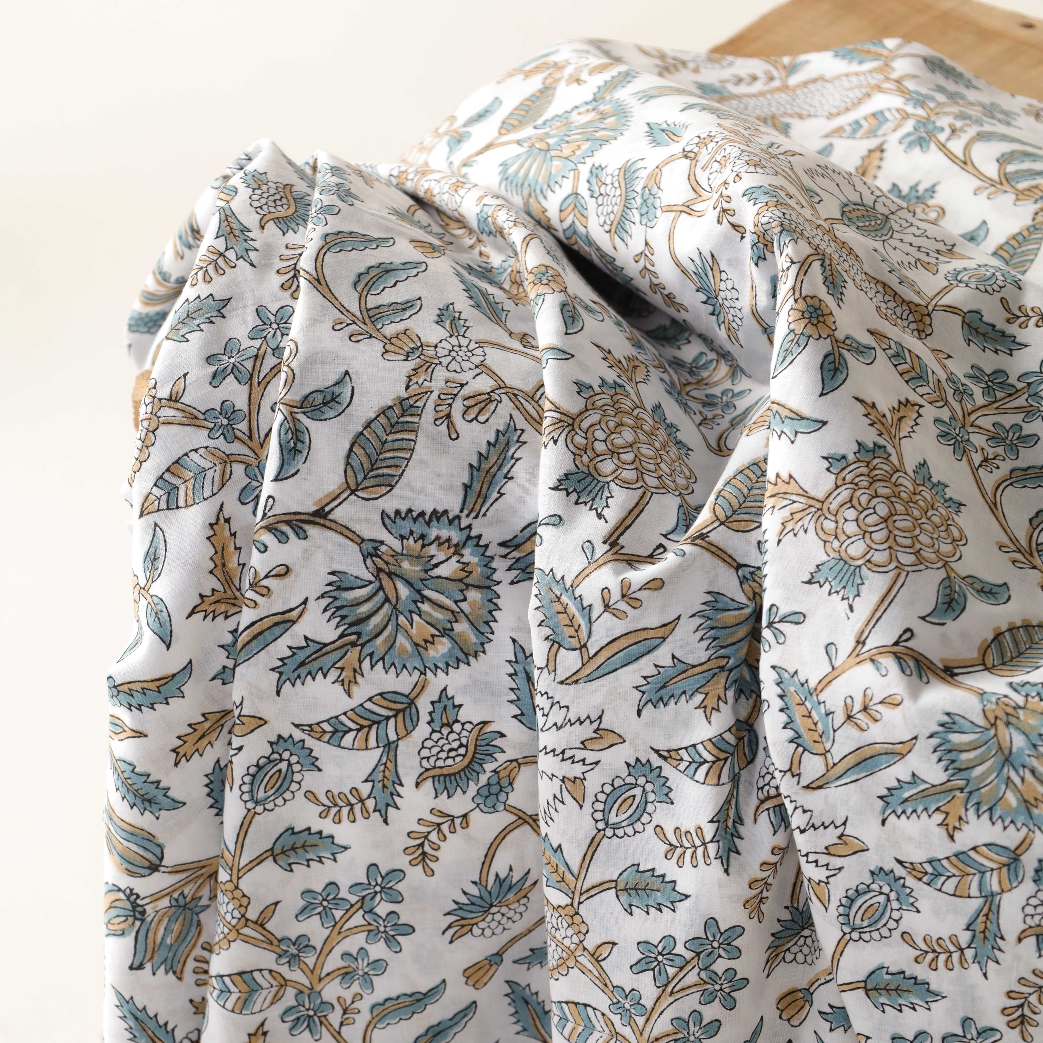 Premium Teal & Ochre Botanical Hand Block Printed Cotton Fabric