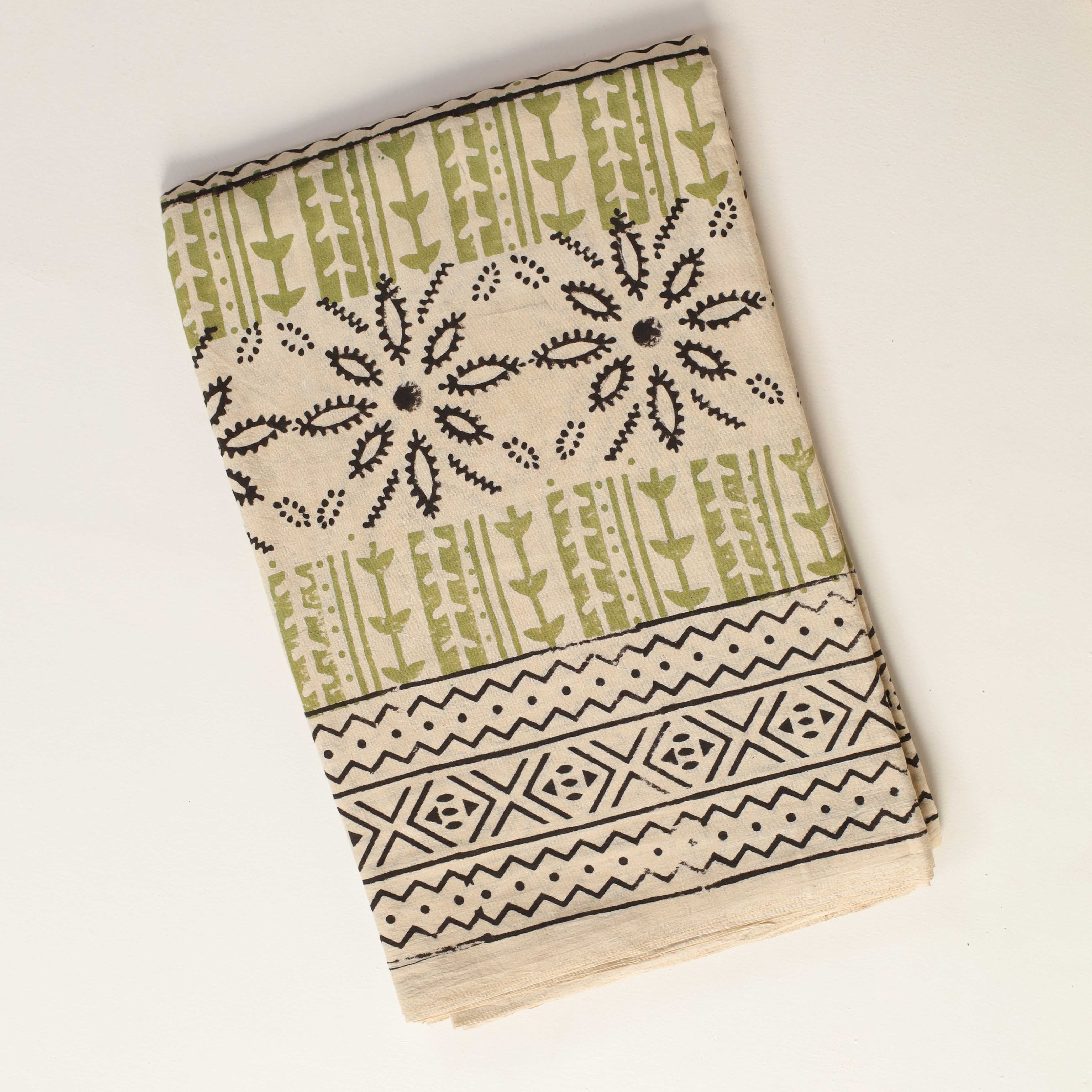 Premium Tribal Geometric Hand Block Printed Cotton Fabric — Artisan Olive & Charcoal Textile