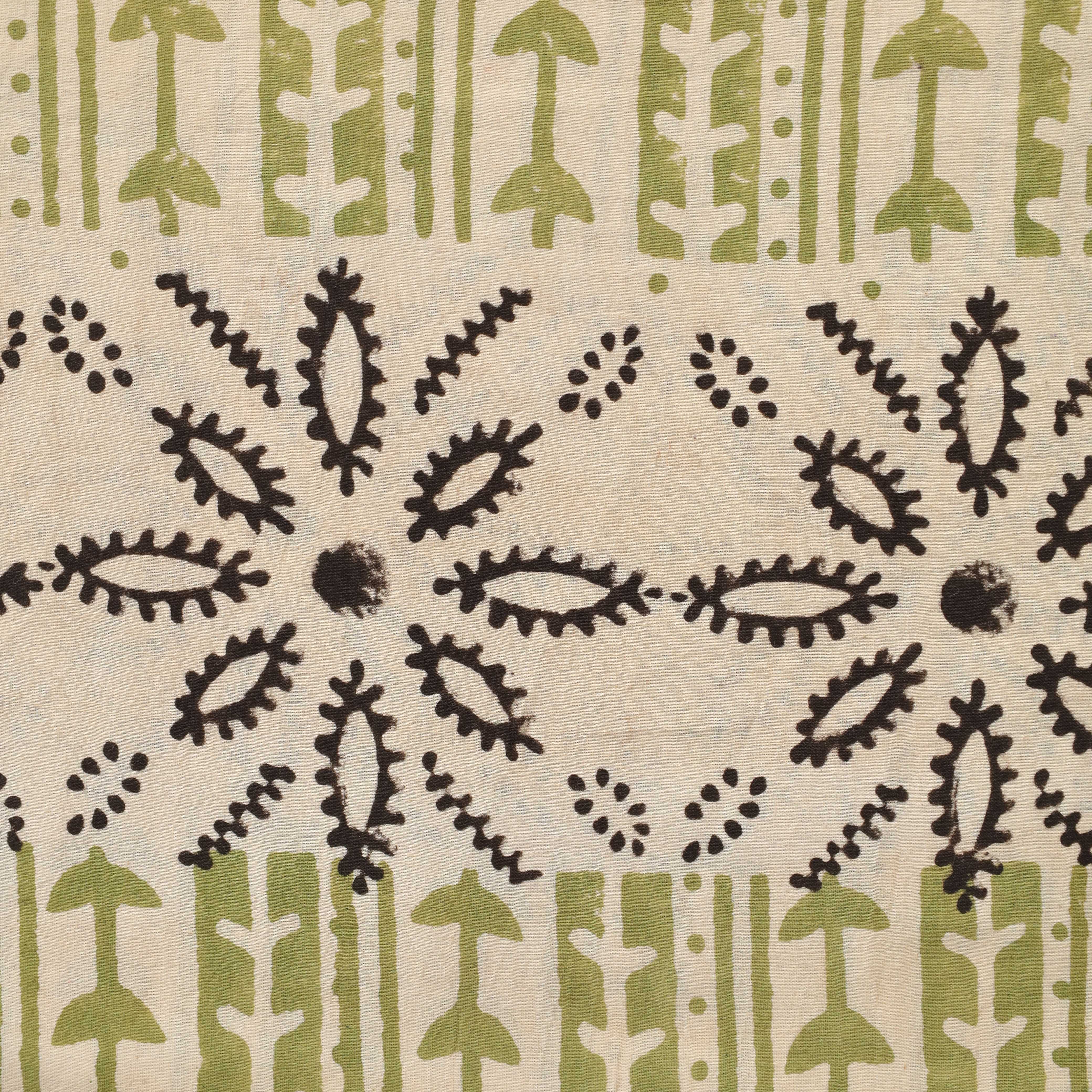 Premium Tribal Geometric Hand Block Printed Cotton Fabric — Artisan Olive & Charcoal Textile
