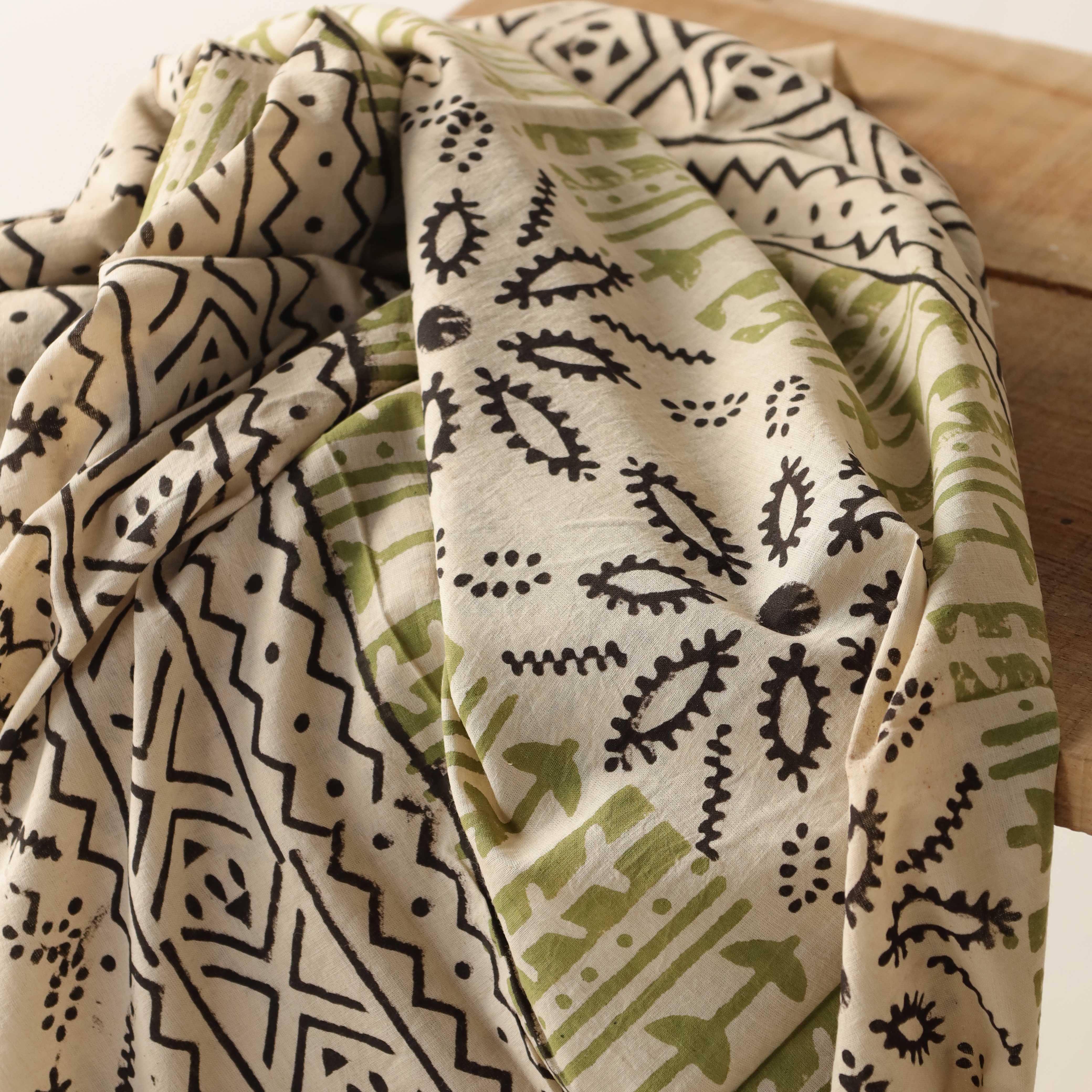 Premium Tribal Geometric Hand Block Printed Cotton Fabric — Artisan Olive & Charcoal Textile