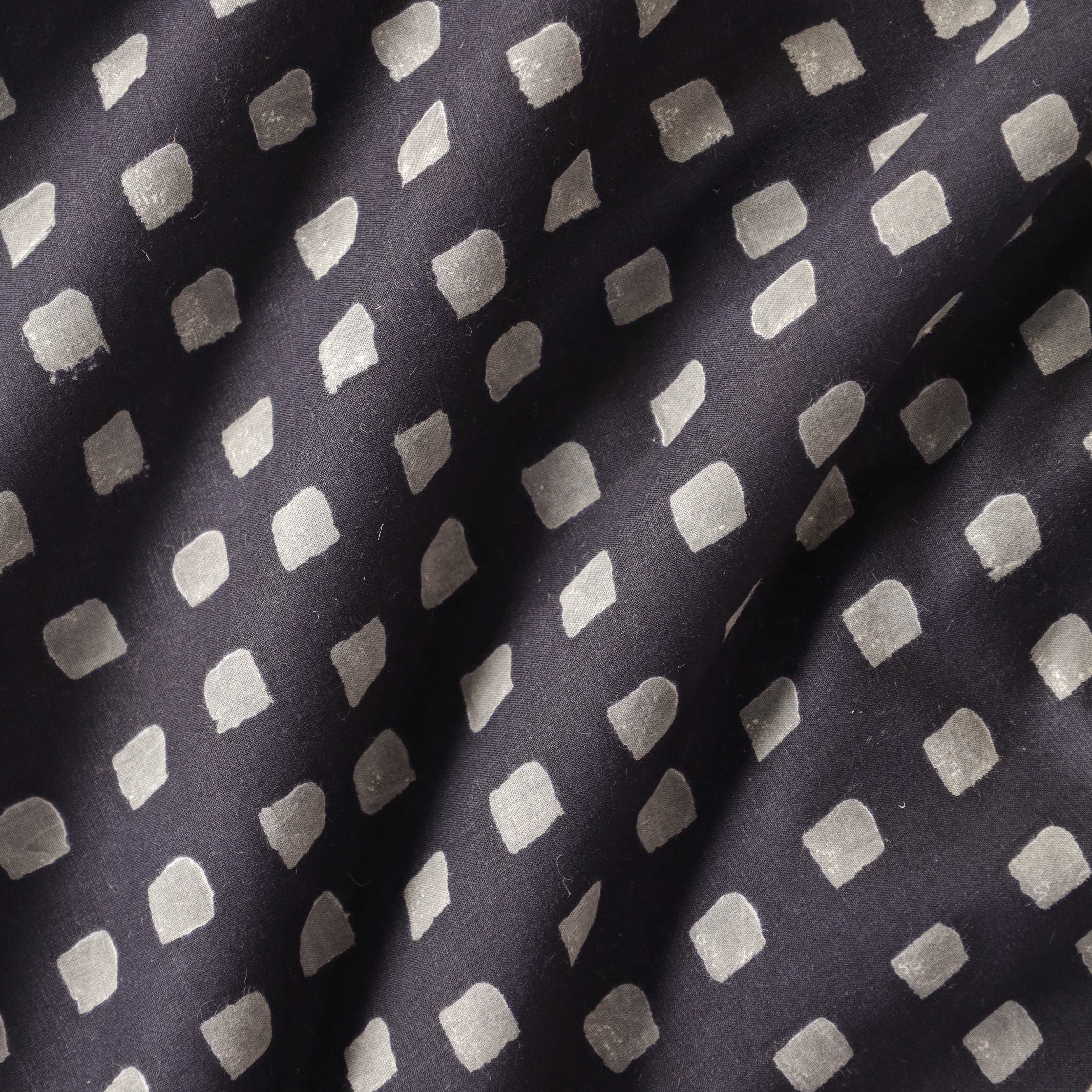 Premium Slate Black Hand-Stamped Geometric Cotton Fabric — Artisan Grid Textile